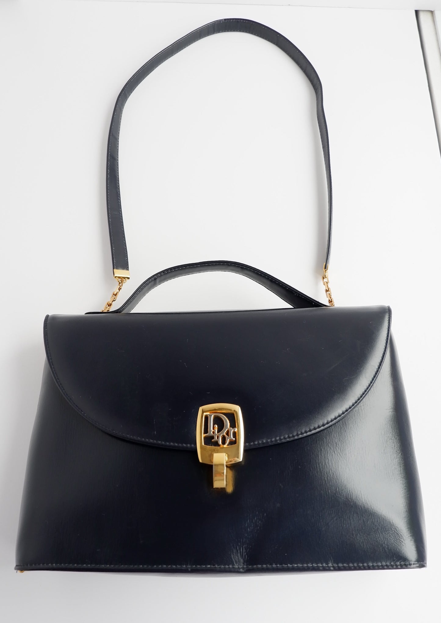 Authentic Preowned Vintage Dior Navy Leather Handbag with Crossbody Strap