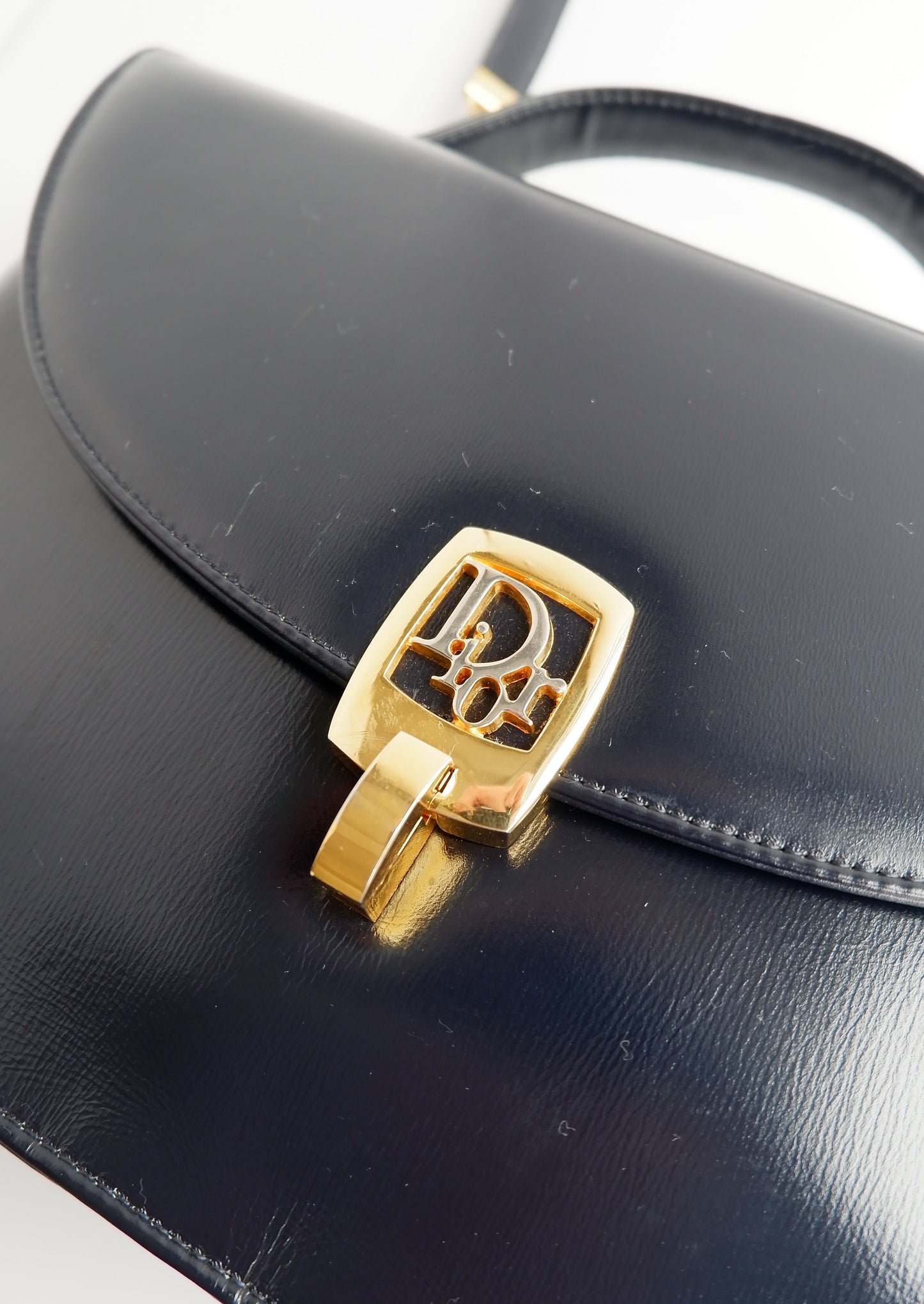 Authentic Preowned Vintage Dior Navy Leather Handbag with Crossbody Strap