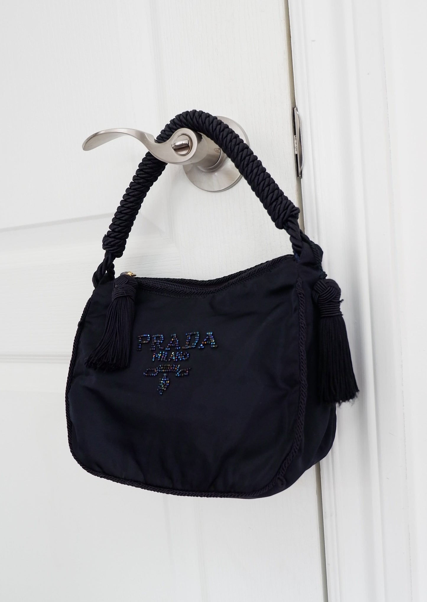 Authentic Preowned Prada Navy Nylon Beaded Logo Tassel Shoulder Bag