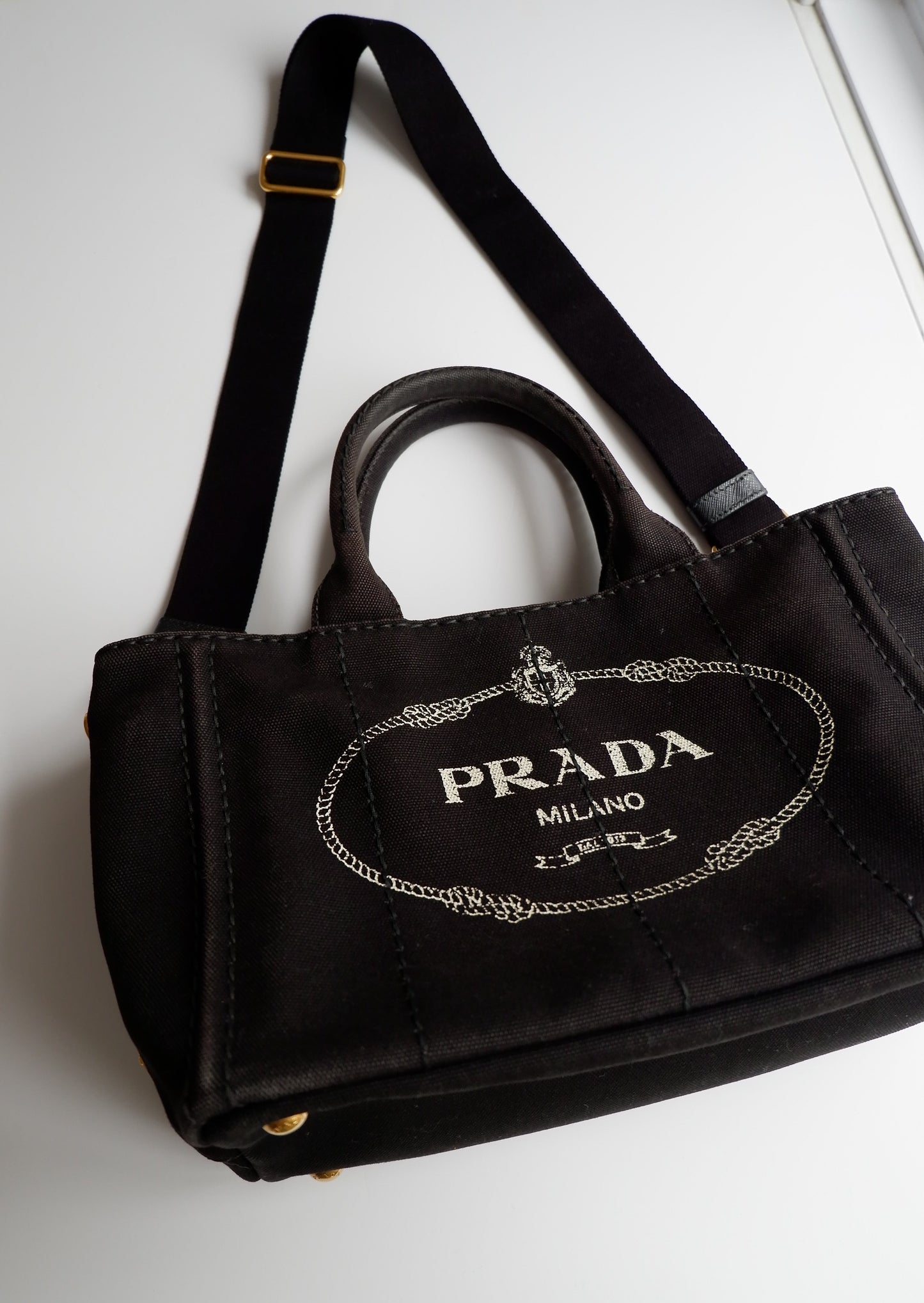 Authentic Preowned Prada Black Canvas Canapa Crossbody / Tote Bag