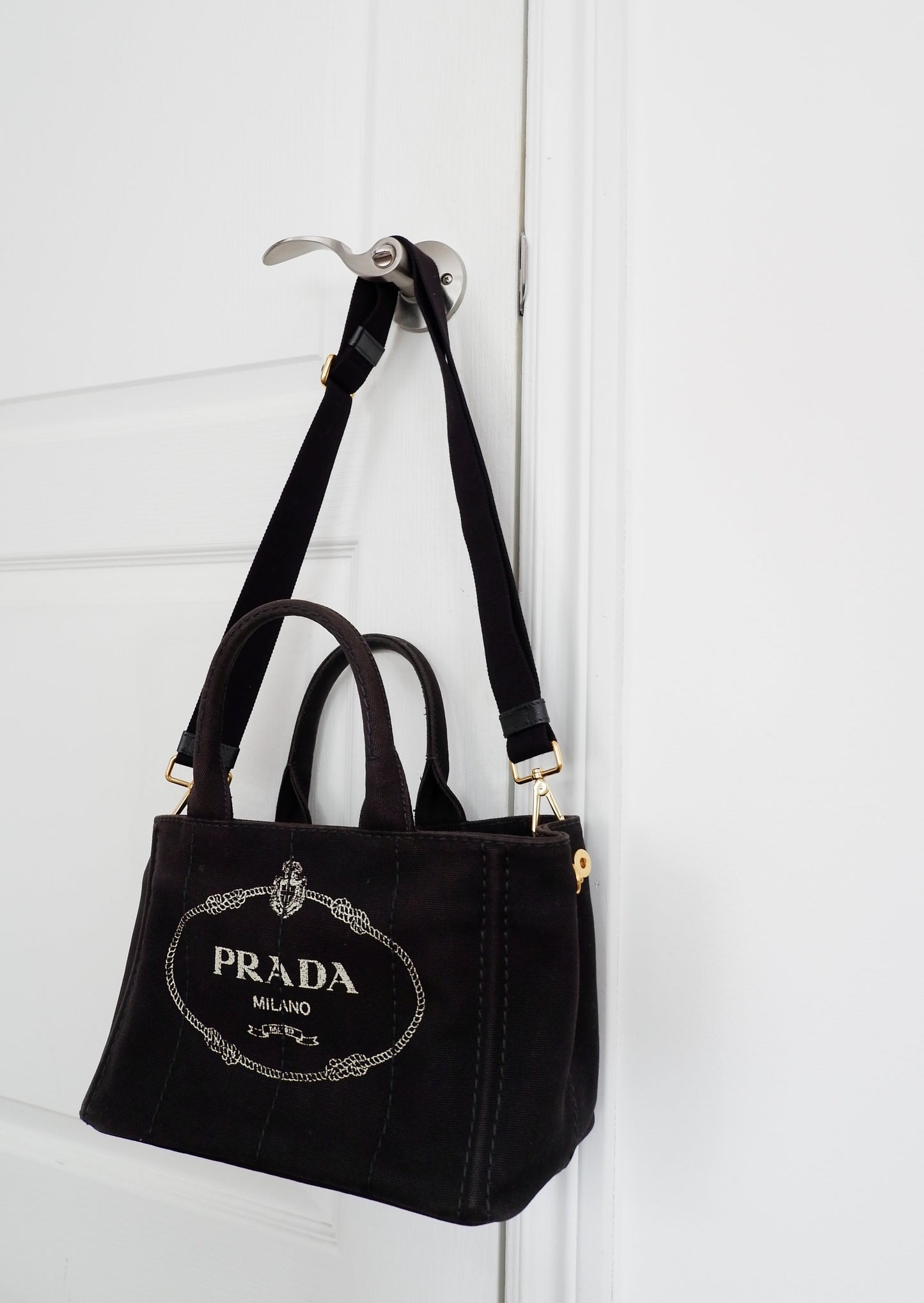 Authentic Preowned Prada Black Canvas Canapa Crossbody / Tote Bag