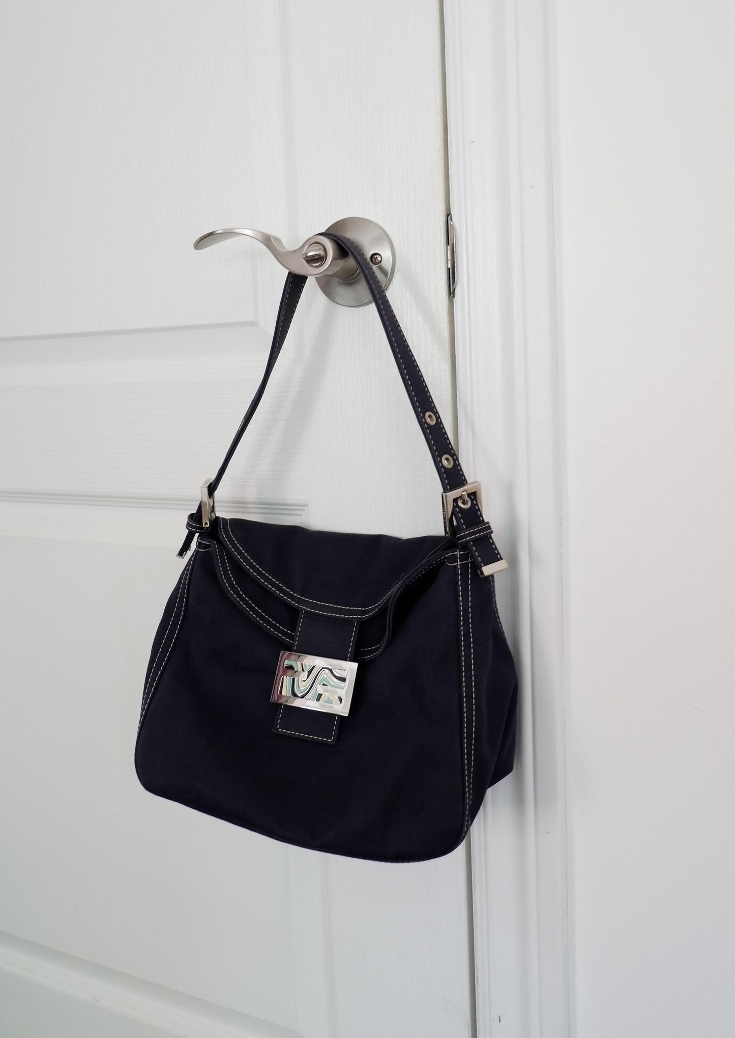 Authentic Preowned Fendi Navy Canvas Baguette Shoulder Bag