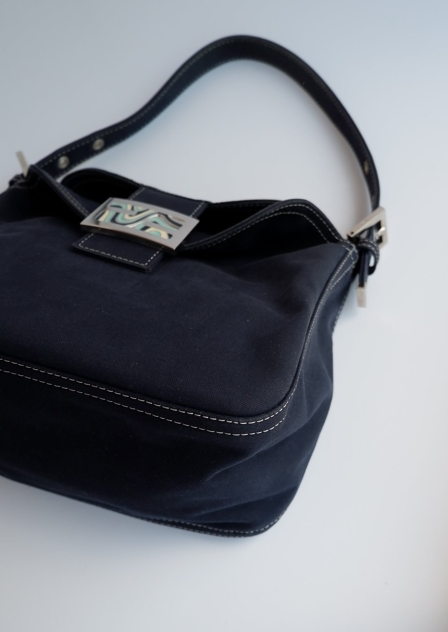 Authentic Preowned Fendi Navy Canvas Baguette Shoulder Bag