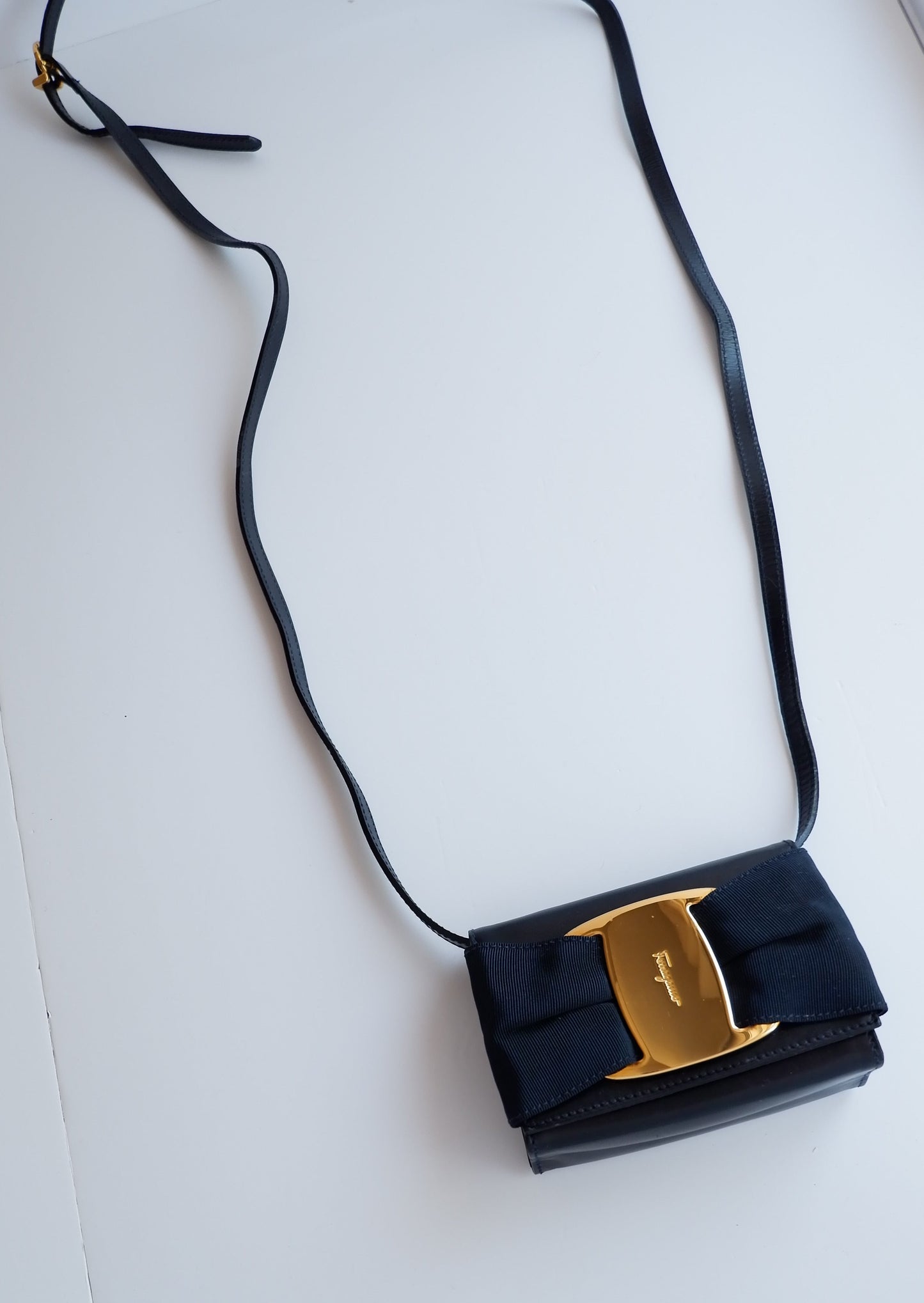 Authentic Preowed Ferragmo Navy Leather Micro Crossbody Bag