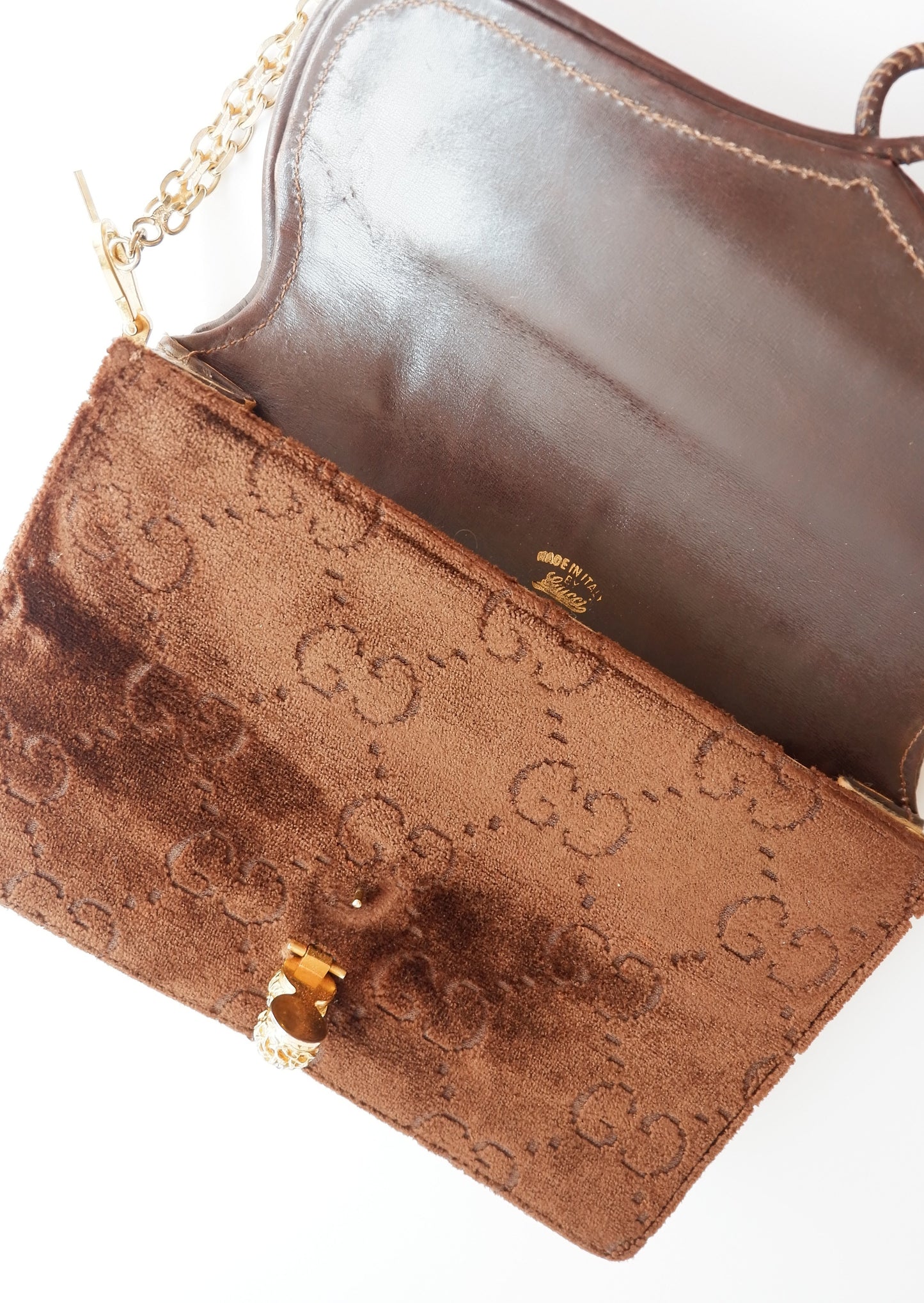 Authentic Preowned Vintage Gucci Brown Velvet GG Print Shoulder Bag