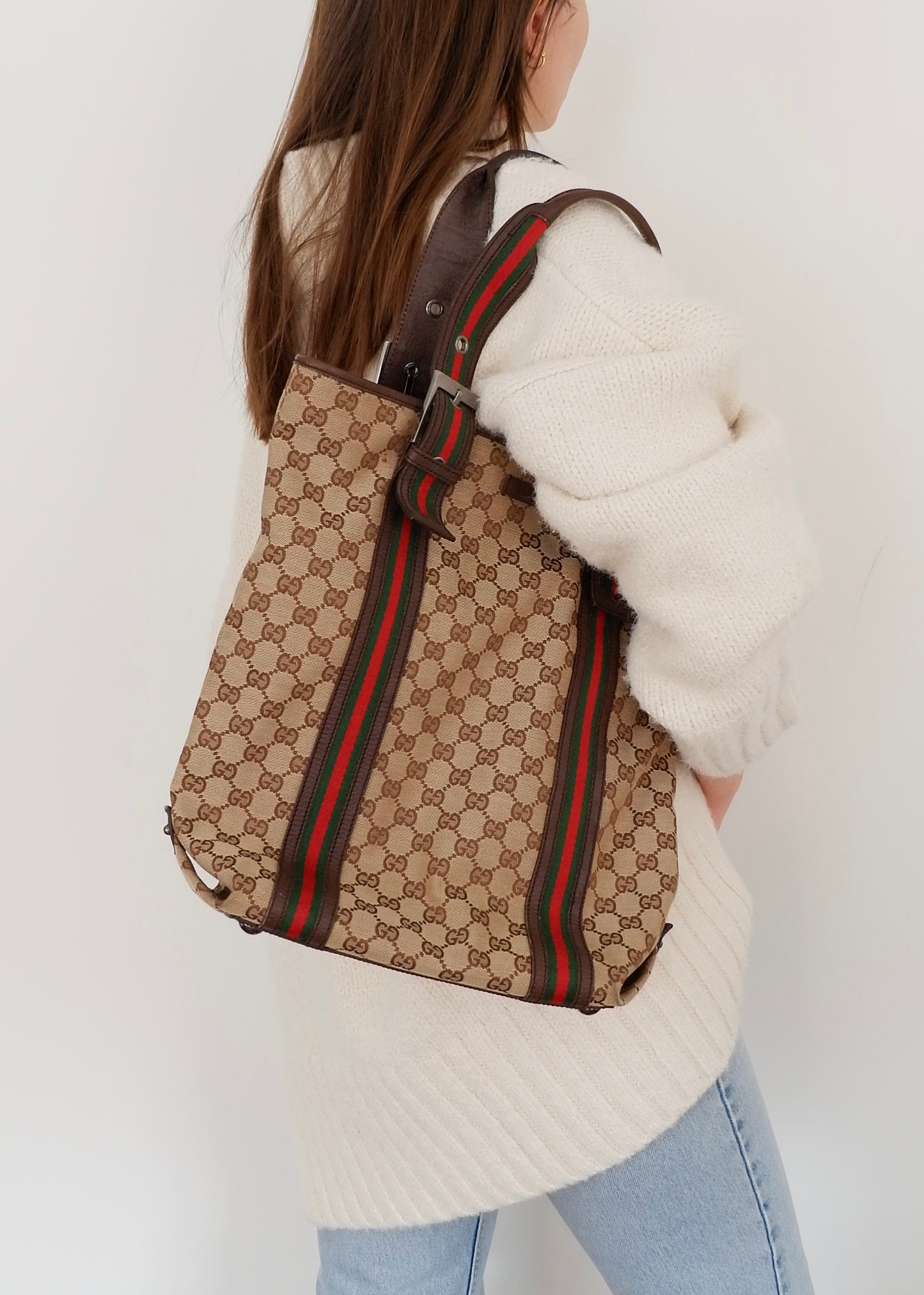 Authentic Preowned Gucci GG Cavnas Sherry Line Tote Bag