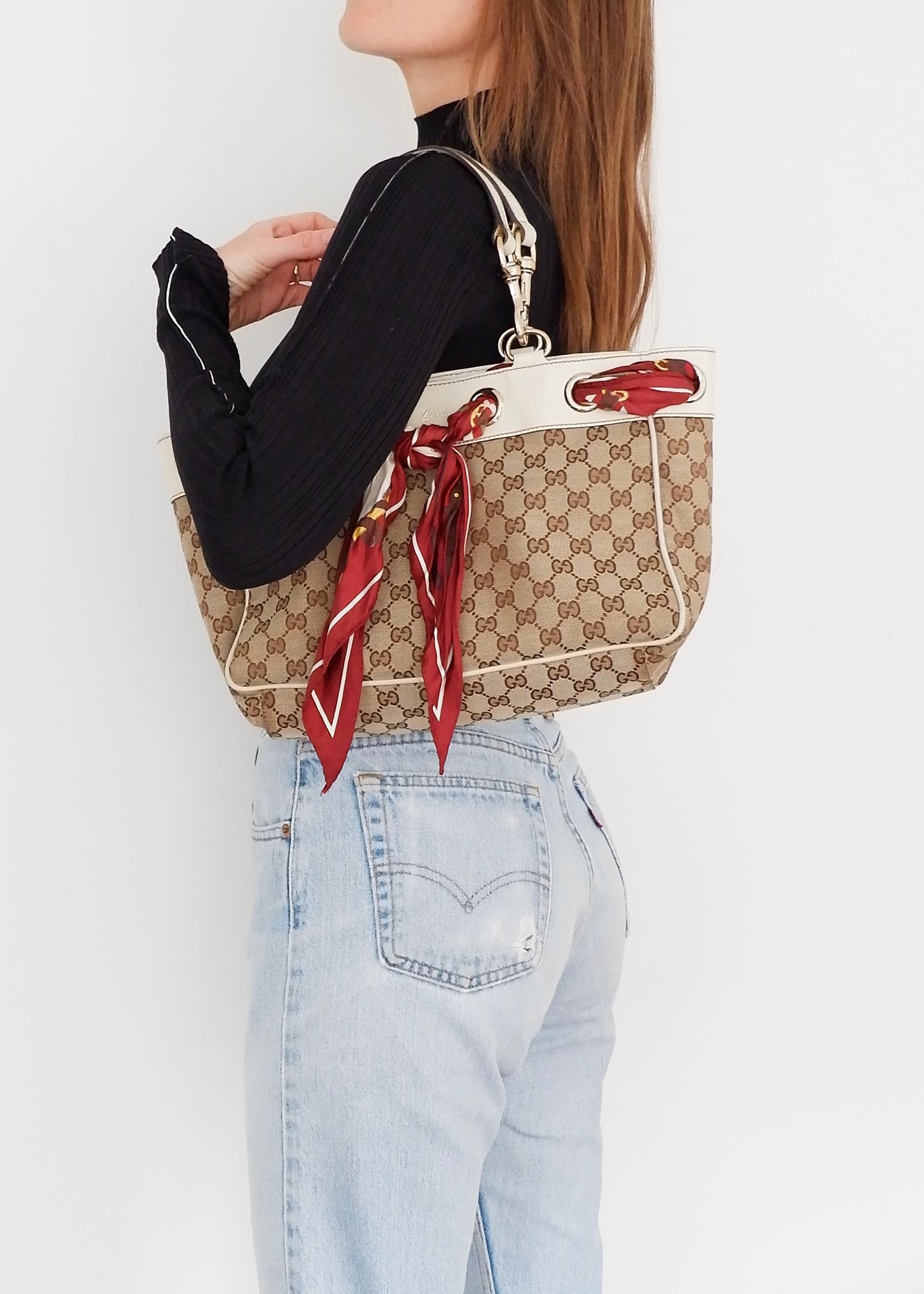 Authentic Preowned Gucci White GG Canvas/ Scarf Detail Handbag