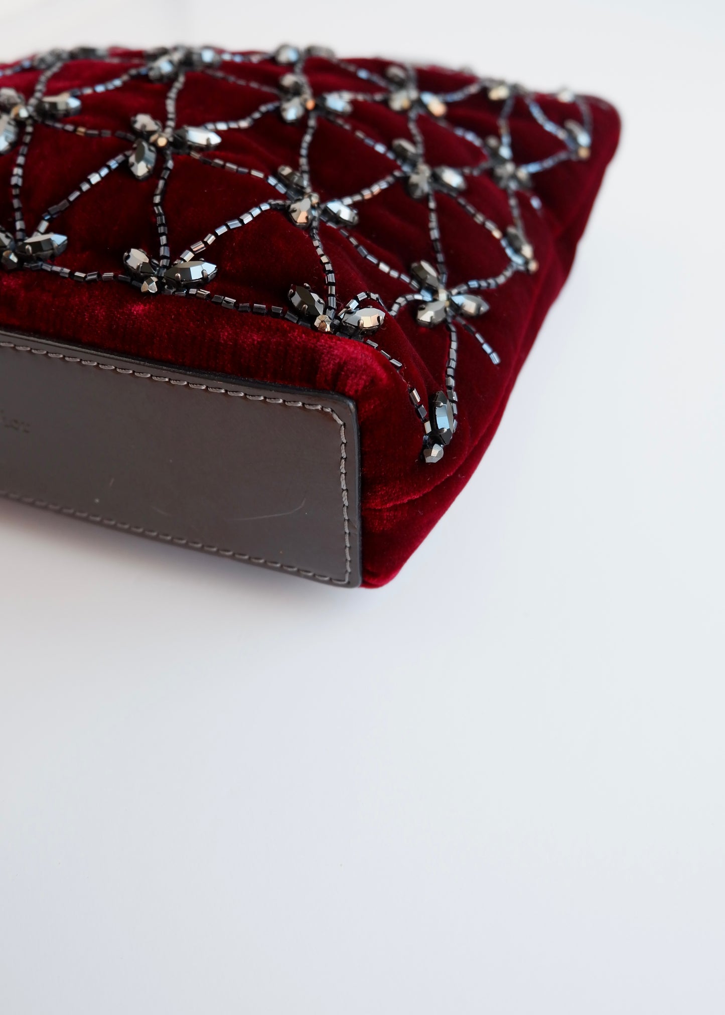 Authentic Preowned Vintage Christian Dior Burdgundy Velvet Embellished Sparkly Top Handle Bag