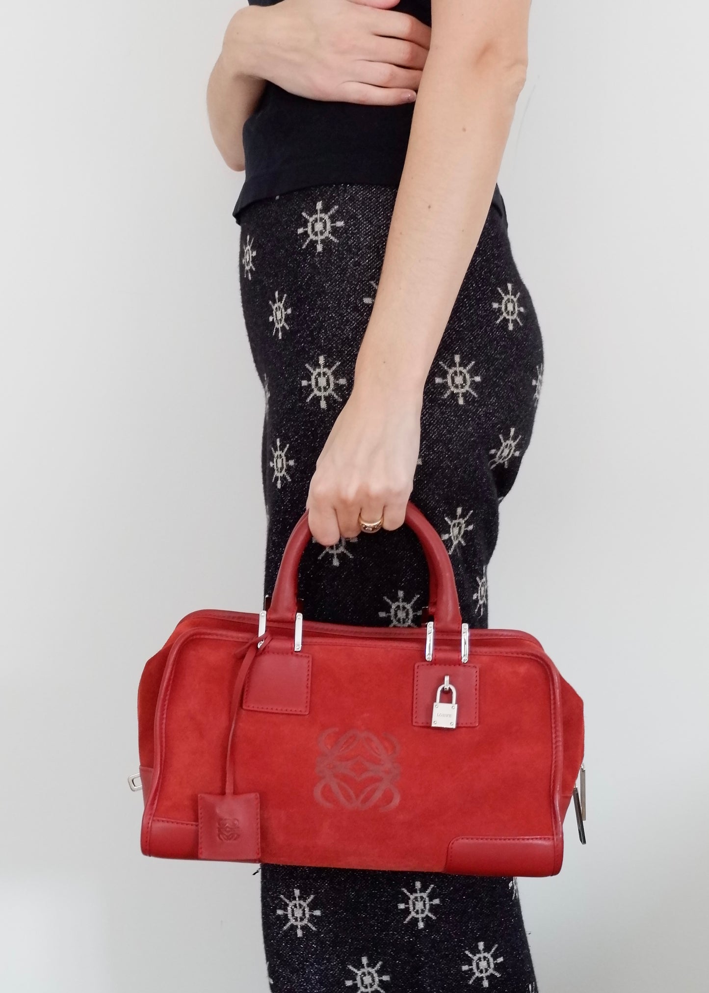 Authentic Preowned Loewe Red Suede Amazona Bag