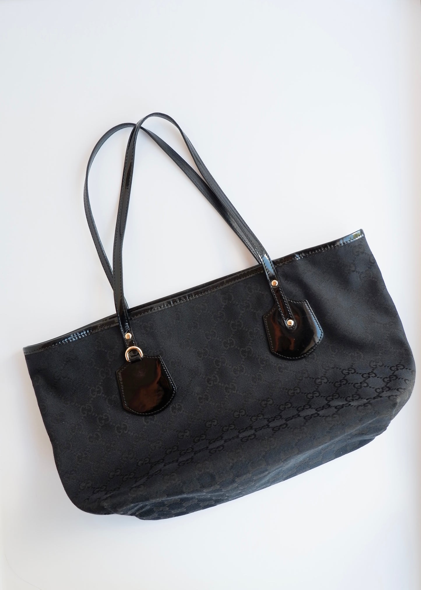 Authentic Preowned Gucci Black GG Canvas/Patent Leather Tote Bag