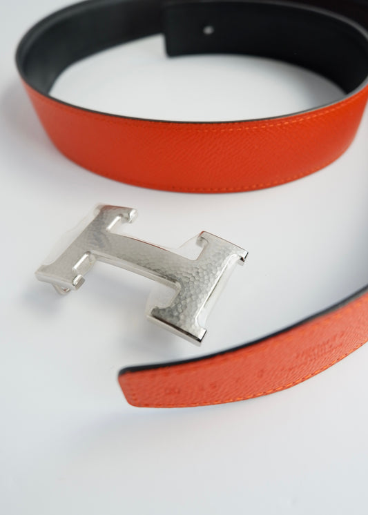Authentic Preowned Hermes Black/ Orange Leather Martelee H Belt - 85