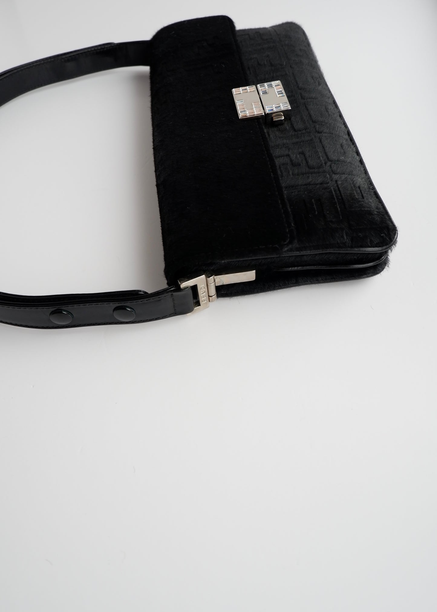 Authentic Preowned Rare Vintage Fendi Black Zucca Pony Hair/ Crystal Logo Shoulder Bag