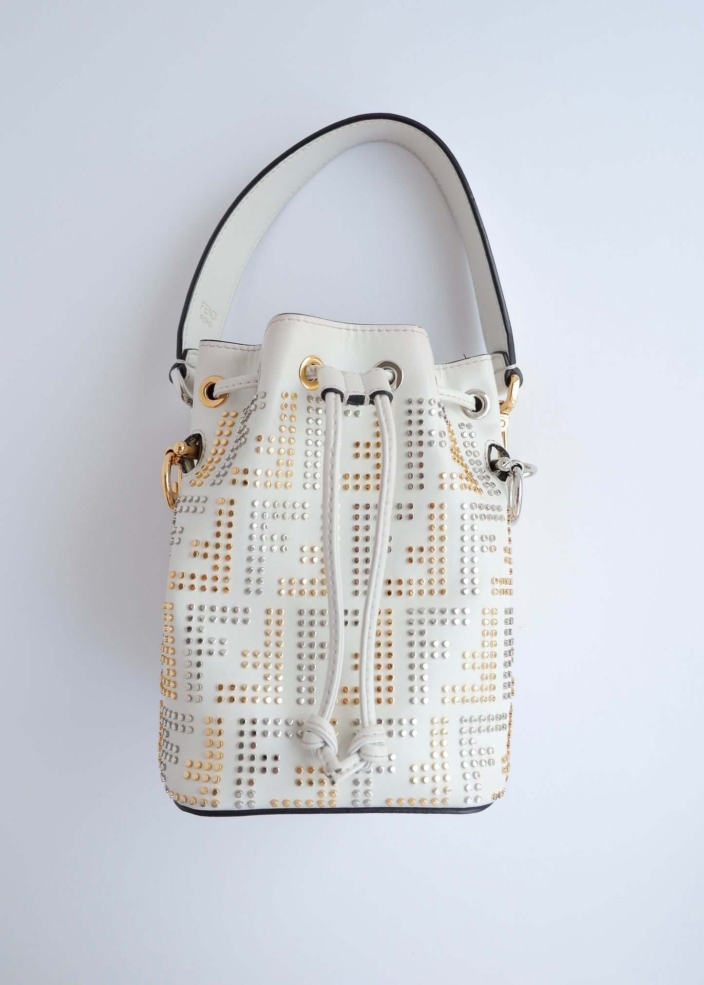 Authentic Preowned Fendi White Leather Zucca Studded Drawstring Bucket Bag