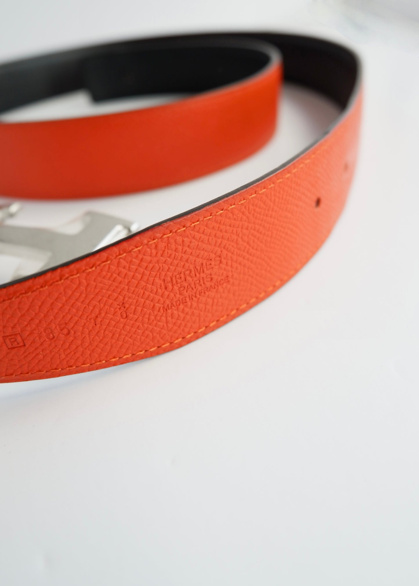 Authentic Preowned Hermes Black/ Orange Leather Martelee H Belt - 85