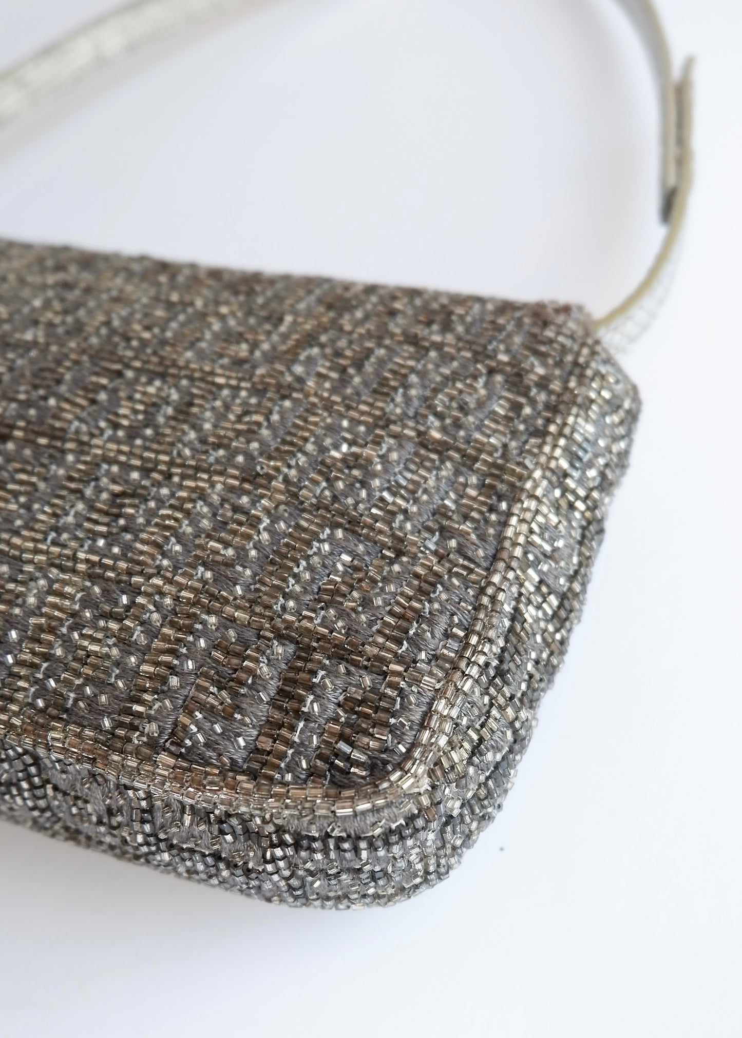 Authentic Preowned Vintage Fendi Silver FF Zucchino Beaded Small Baguette Shoulder Bag