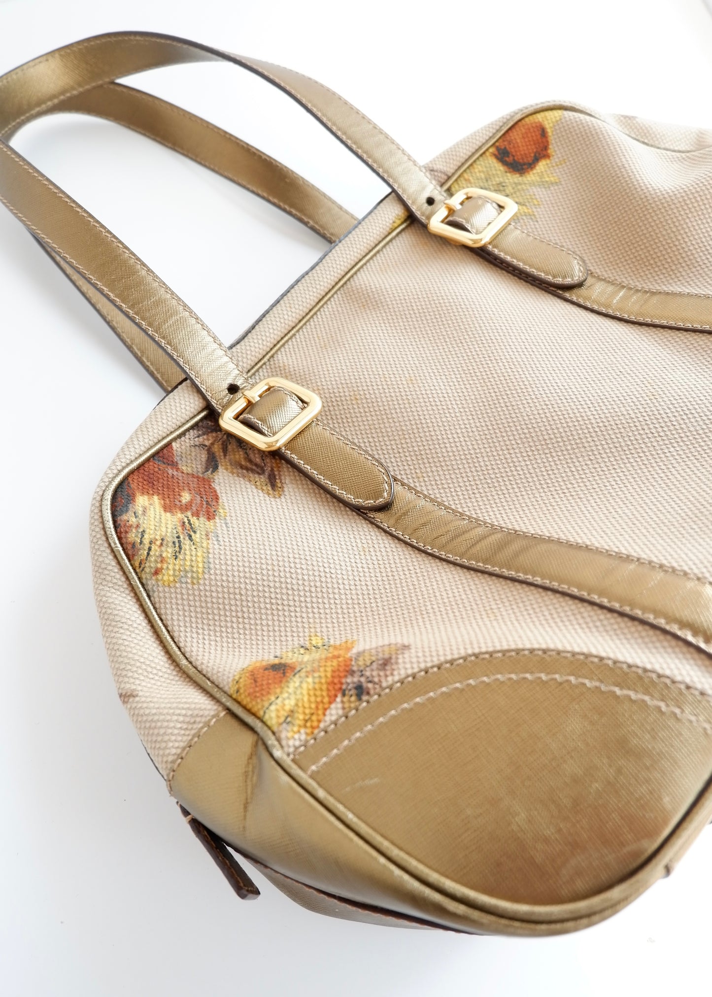 Authentic Preowned Prada Beige/ Gold St. Rose Bauletto Bag