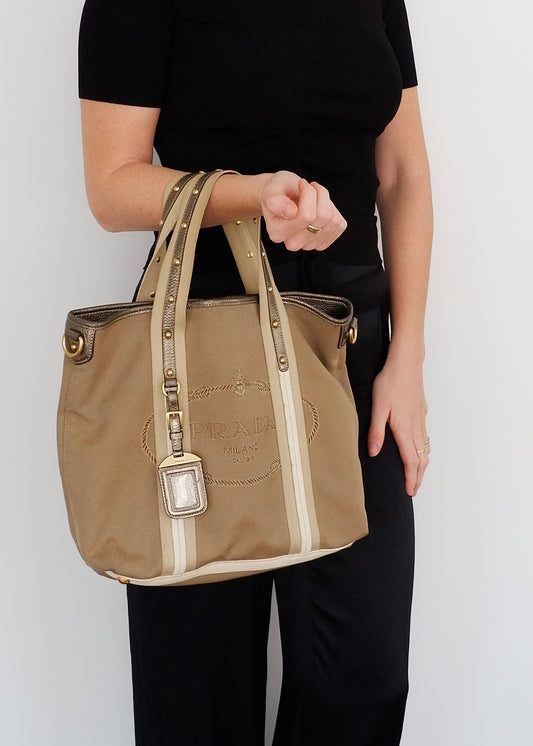 Authentic Preowned Prada Beige/Gold Canvas and Leather Two Way Bag