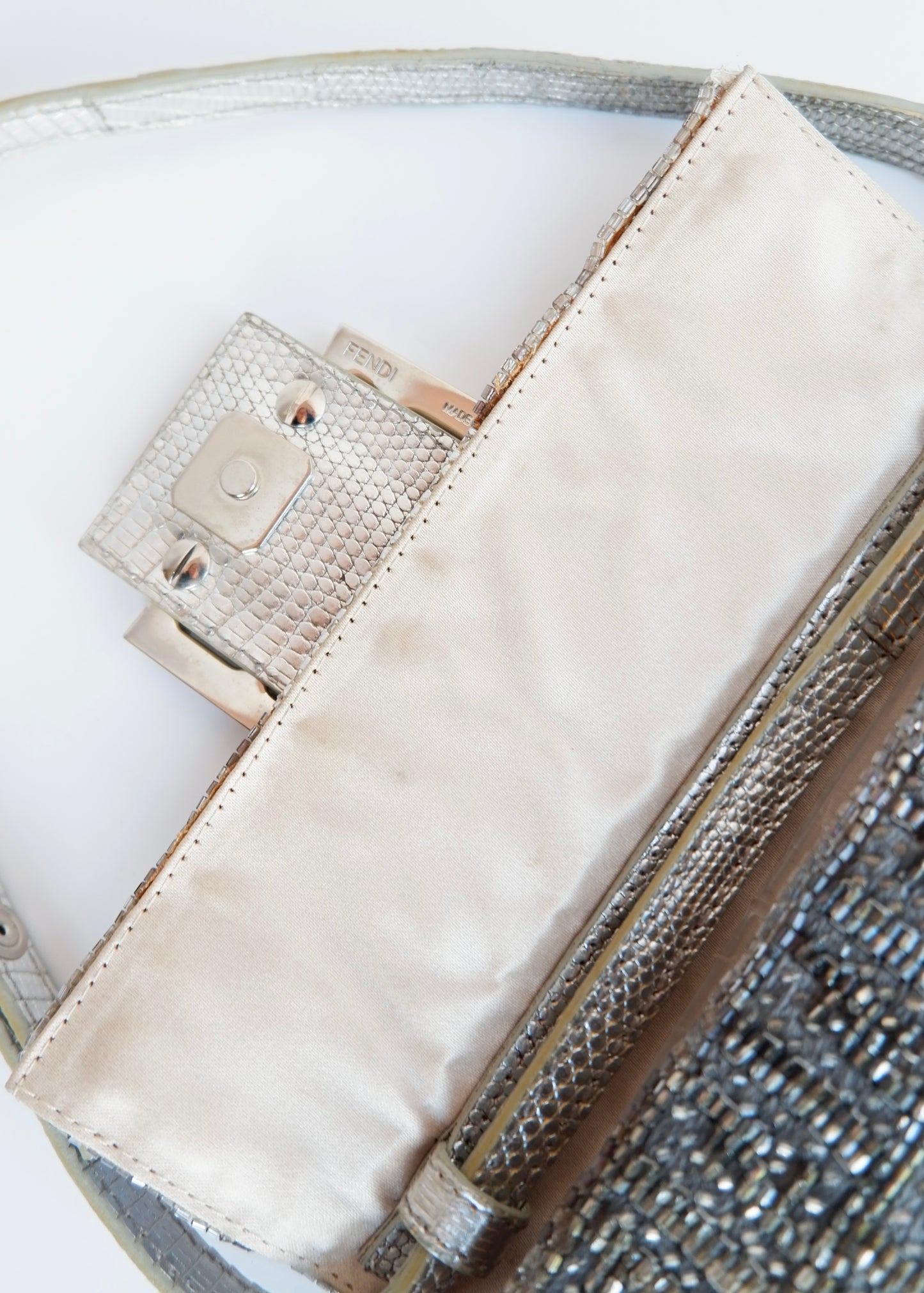 Authentic Preowned Vintage Fendi Silver FF Zucchino Beaded Small Baguette Shoulder Bag