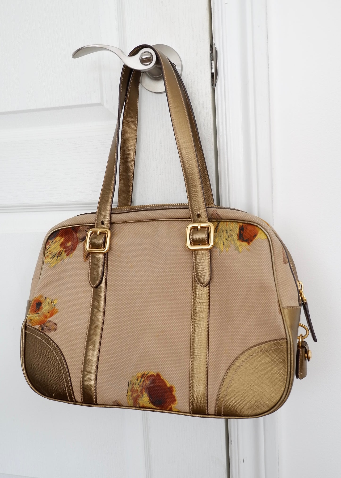 Authentic Preowned Prada Beige/ Gold St. Rose Bauletto Bag