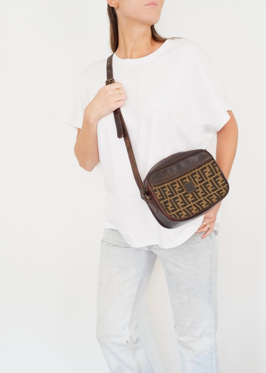 Authentic Preowned Vintage Fendi Brown Zucca Leather/ Canvas Crossbody Bag
