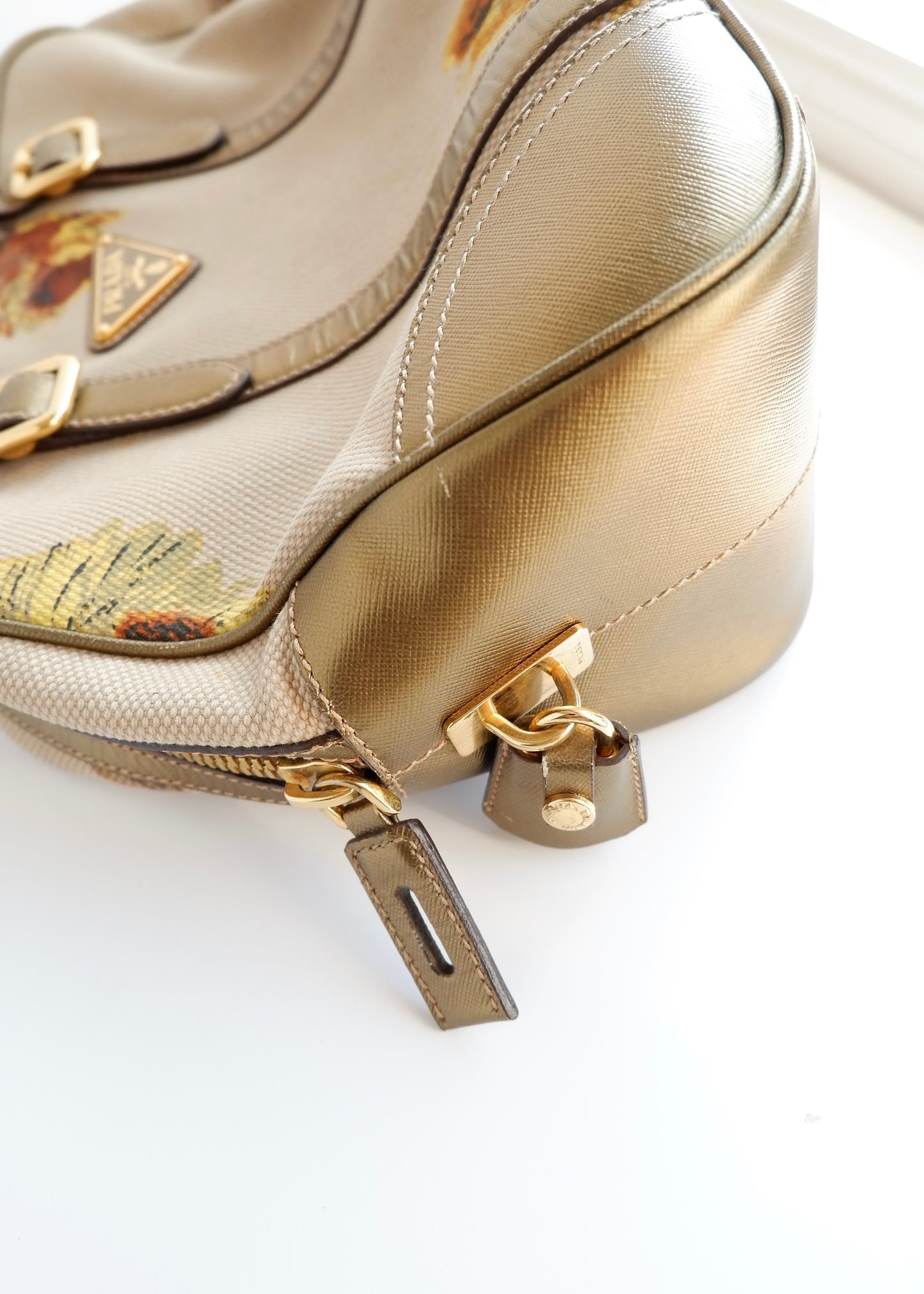 Authentic Preowned Prada Beige/ Gold St. Rose Bauletto Bag