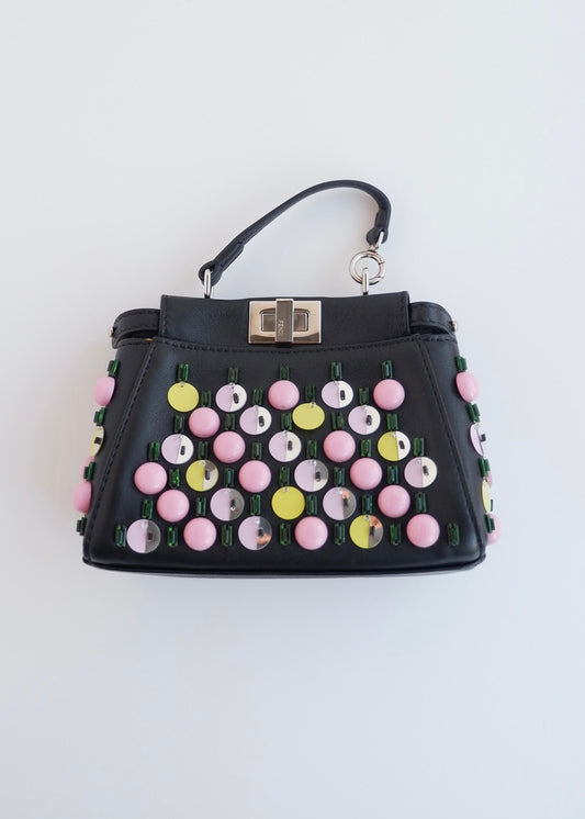 Authentic Preowned Fendi Black Multi Color Beaded Micro Peekaboo handbag