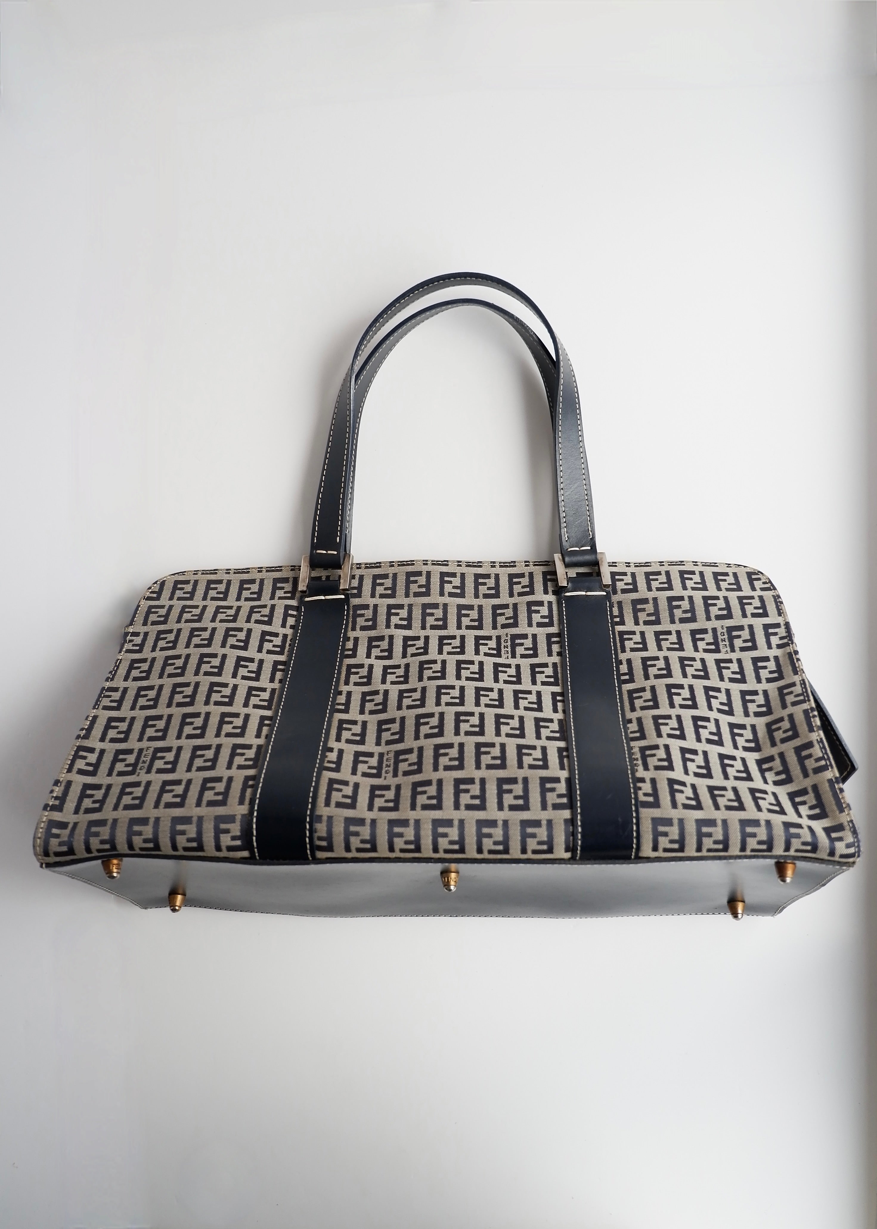 Authentic Preowned Vintage Fendi Navy Zucchino East West Shoulder Bag