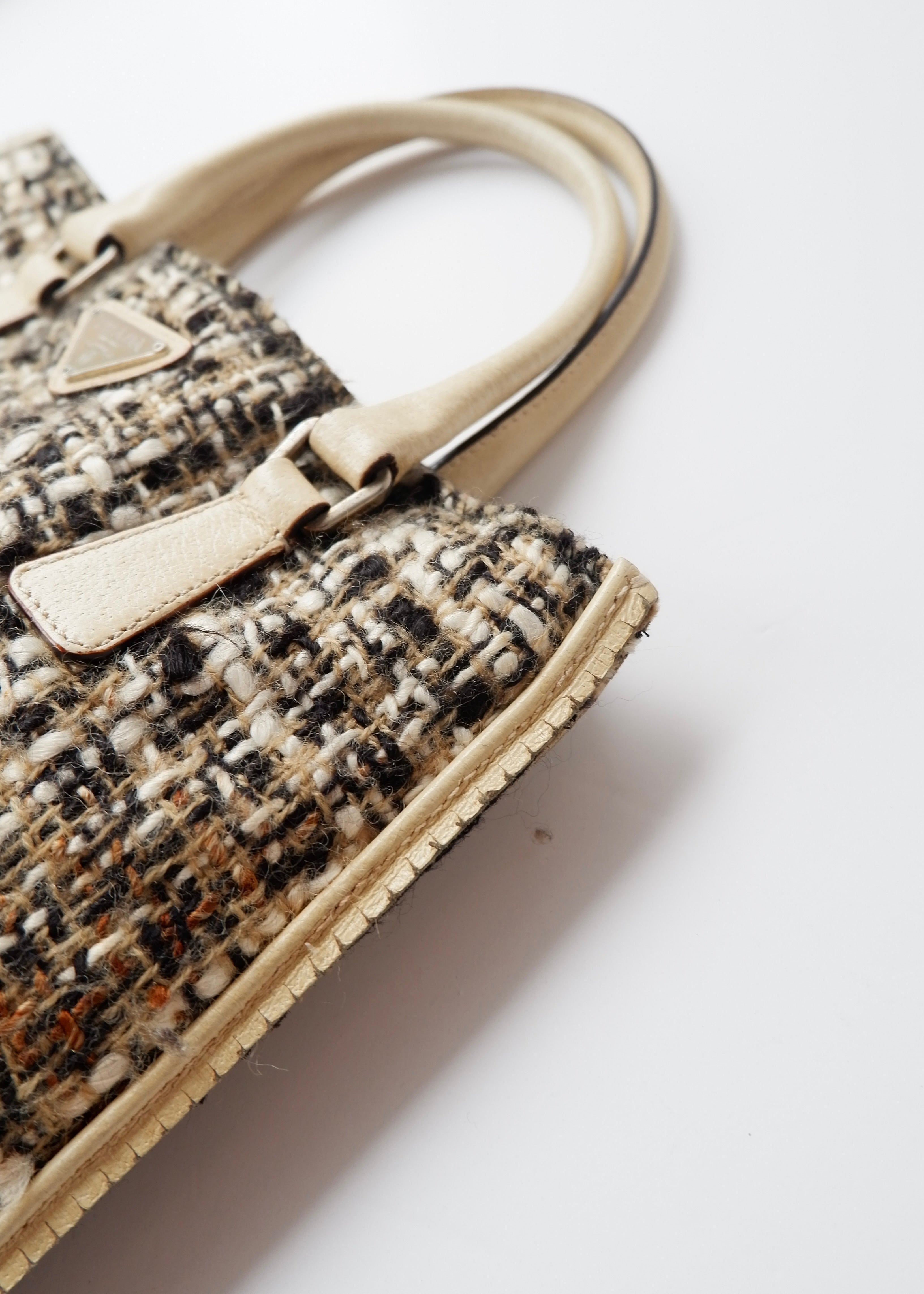 Preowned Prada Beige Tweed/ Leather Top Handle Bag