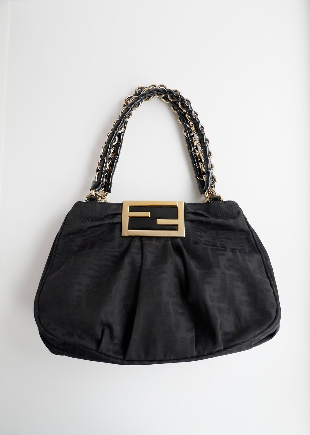 Preowned Fendi Black Zucca Print Gold FF Logo Shoulder Bag
