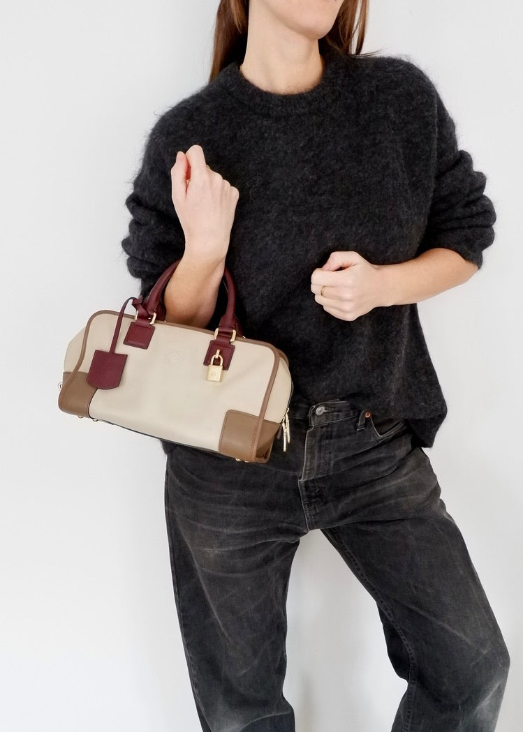Authentic Preowned Loewe Tricolor (Beige/Brown/Burgundy) Leather Amazona 28 Handbag GHW
