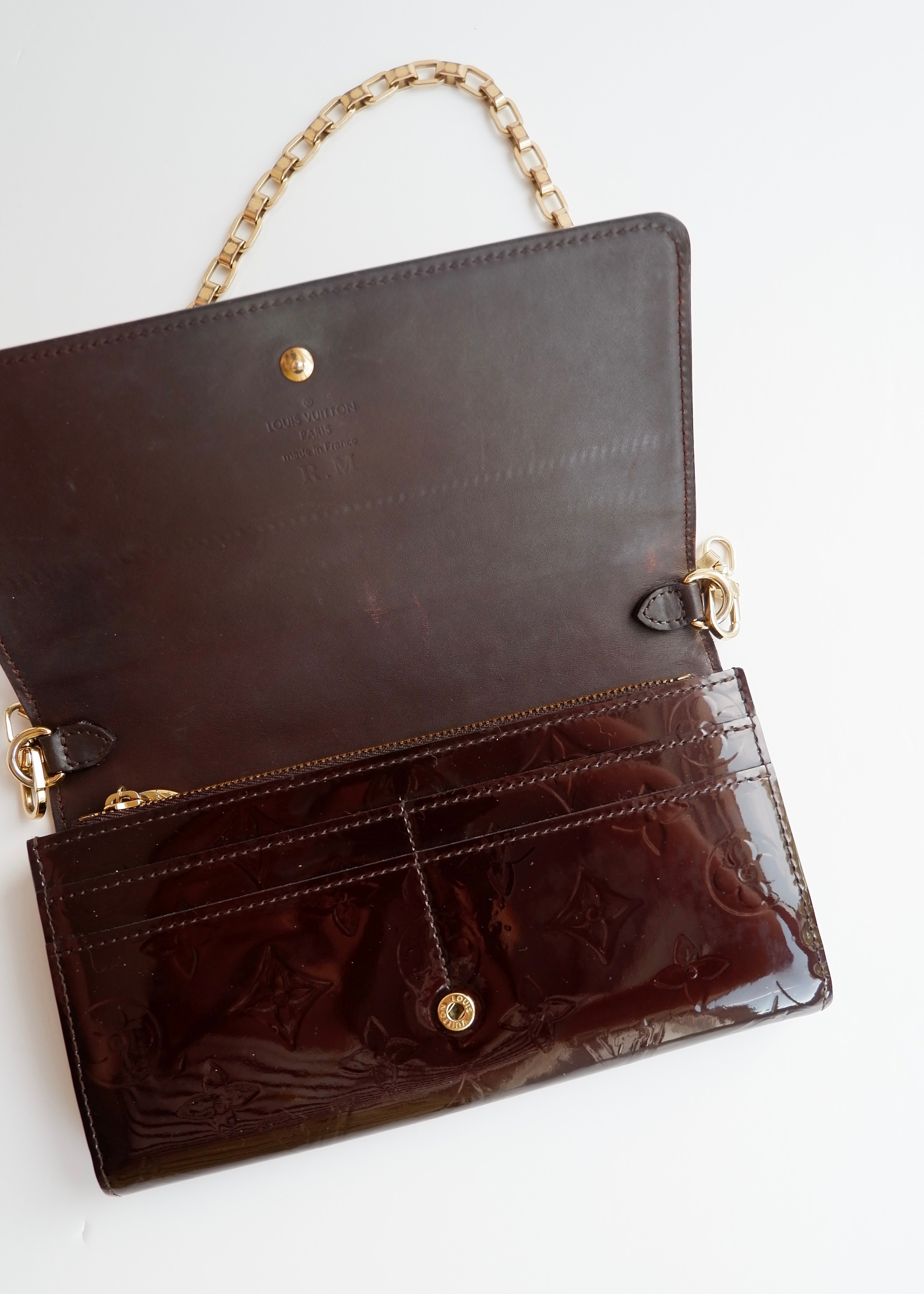 Preowned Louis Vuitton Monogram Vernis Amarante Sarah Chain Wallet
