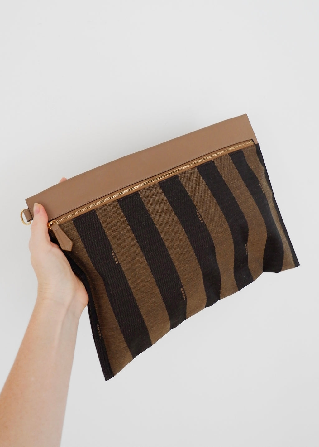 Pochette/Sac à main Fendi Pequin Stripe en toile et cuir marron, d'occasion, authentique