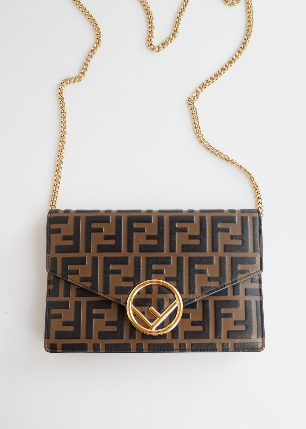 Preowned Fendi Brown Zucca Embossed Leather Wallet on Chain