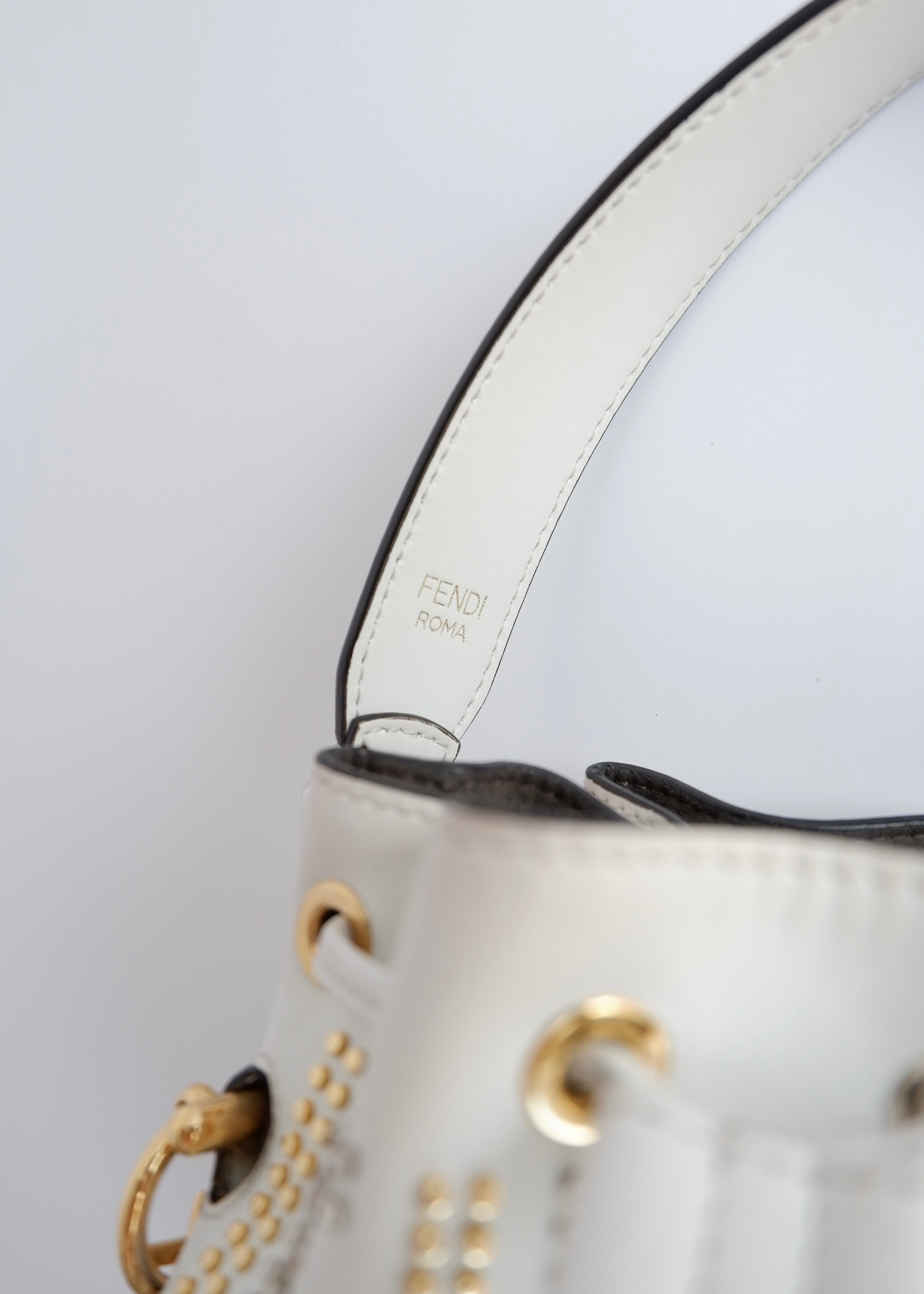 Authentic Preowned Fendi White Leather Zucca Studded Drawstring Bucket Bag
