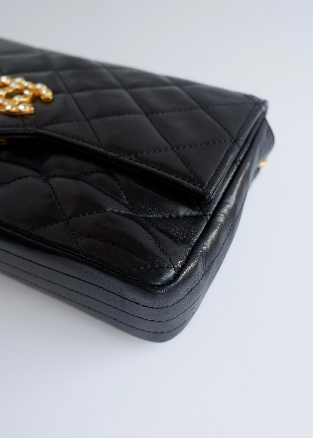 Authentic Preowned Vintage Chanel Black Lambskin Quilted Single Flap Crystal CC Logo Bag GHW