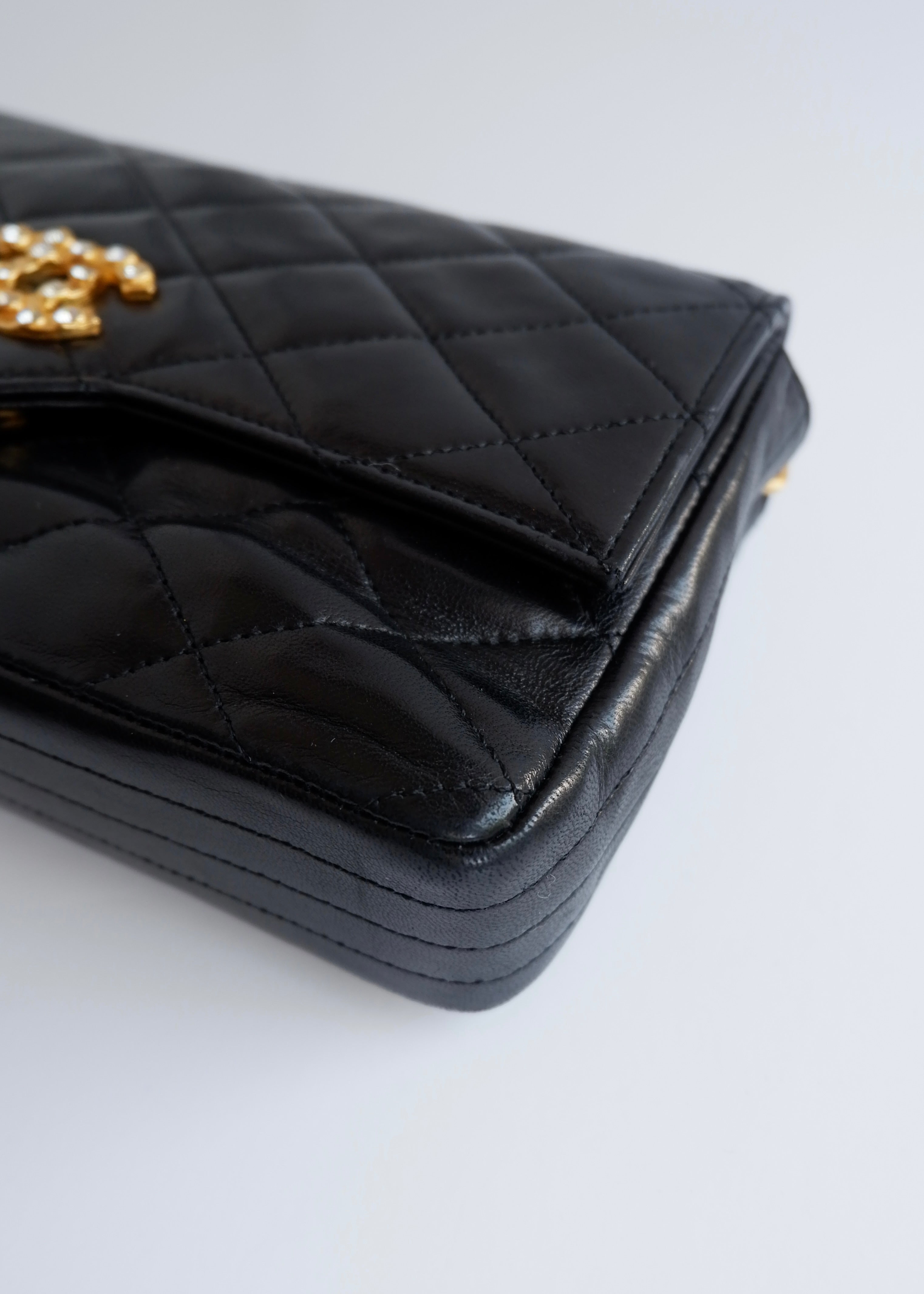 Authentic Preowned Vintage Chanel Black Lambskin Quilted Single Flap Crystal CC Logo Bag GHW