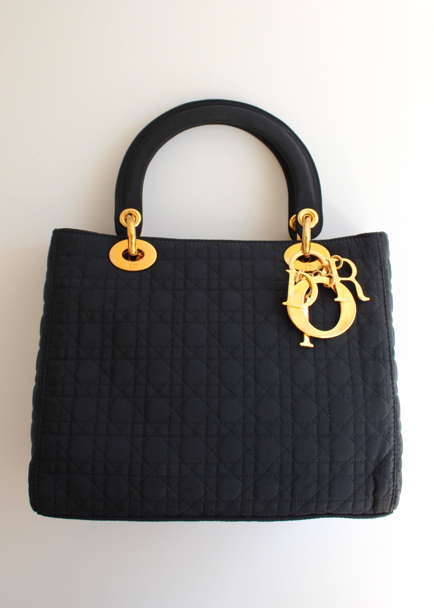 Authentic Preowned Christian Dior Navy Canvas Lady Dior Medium Handbag GHW