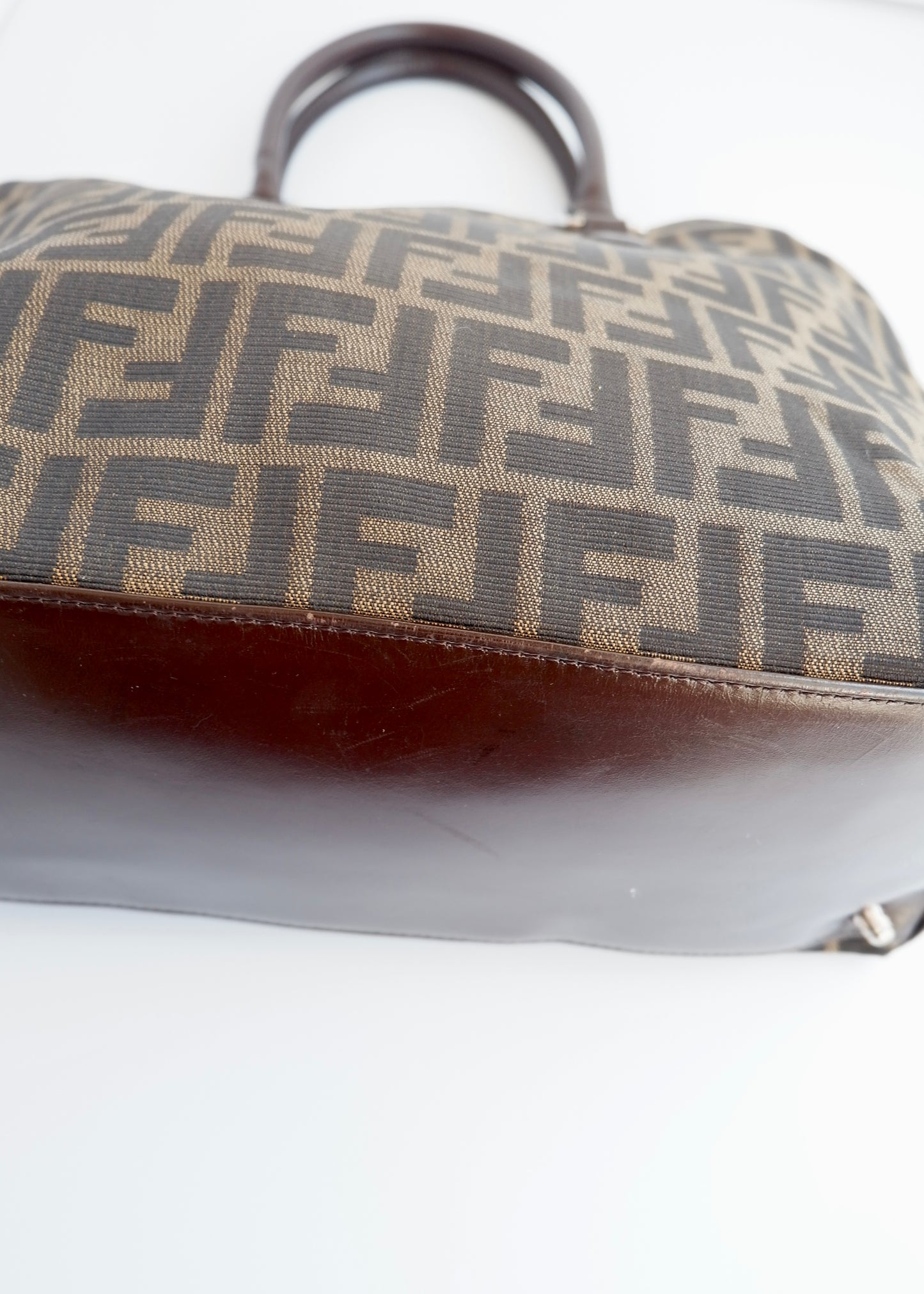 Authentic Preownd Vintage Fendi Brown Canvas Zucca Bowler Shoulder Bag