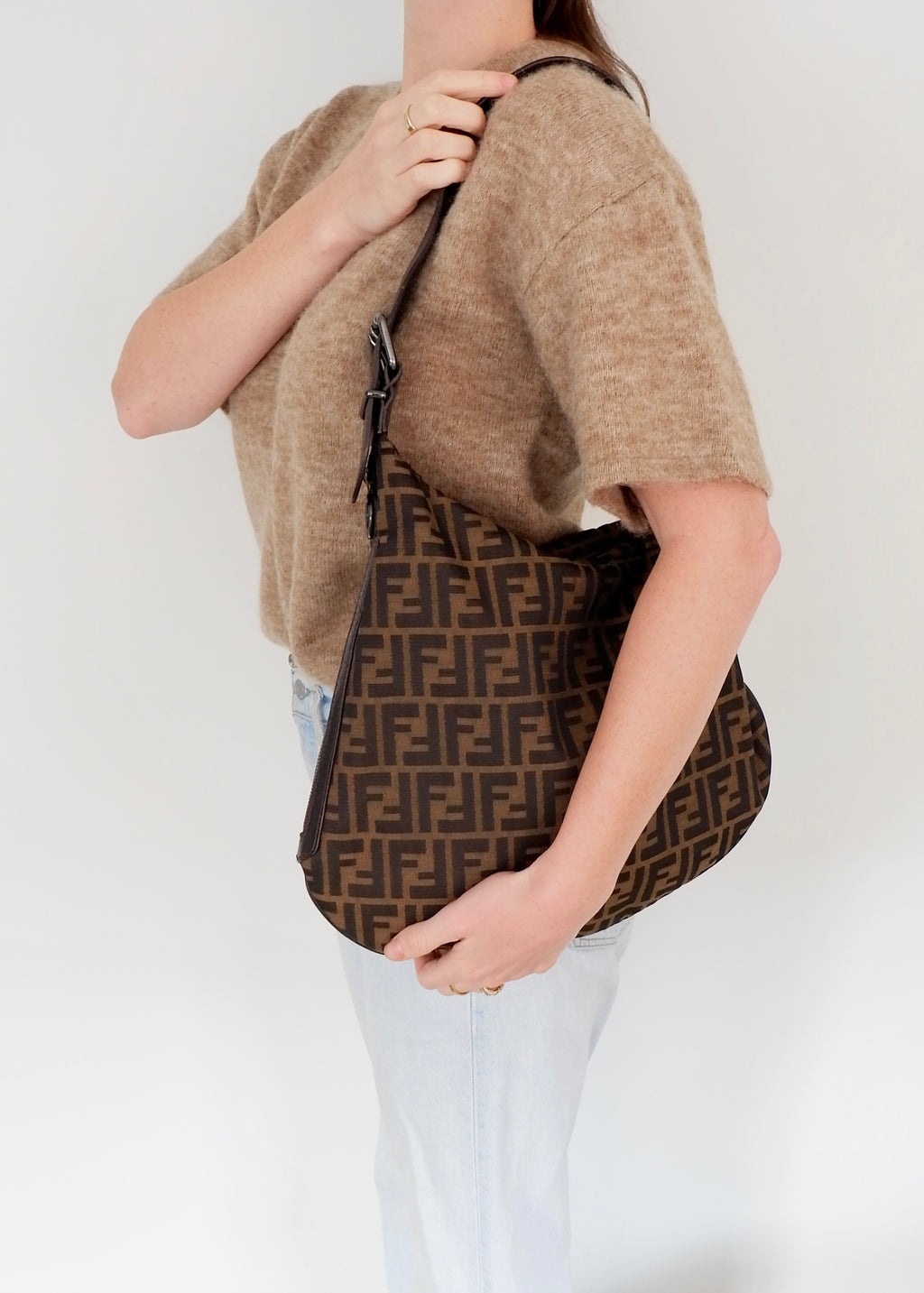 Authentic Preowned Fendi Tobacco Zucca Canvas and Leather Oyster Hobo Shoulder Bag