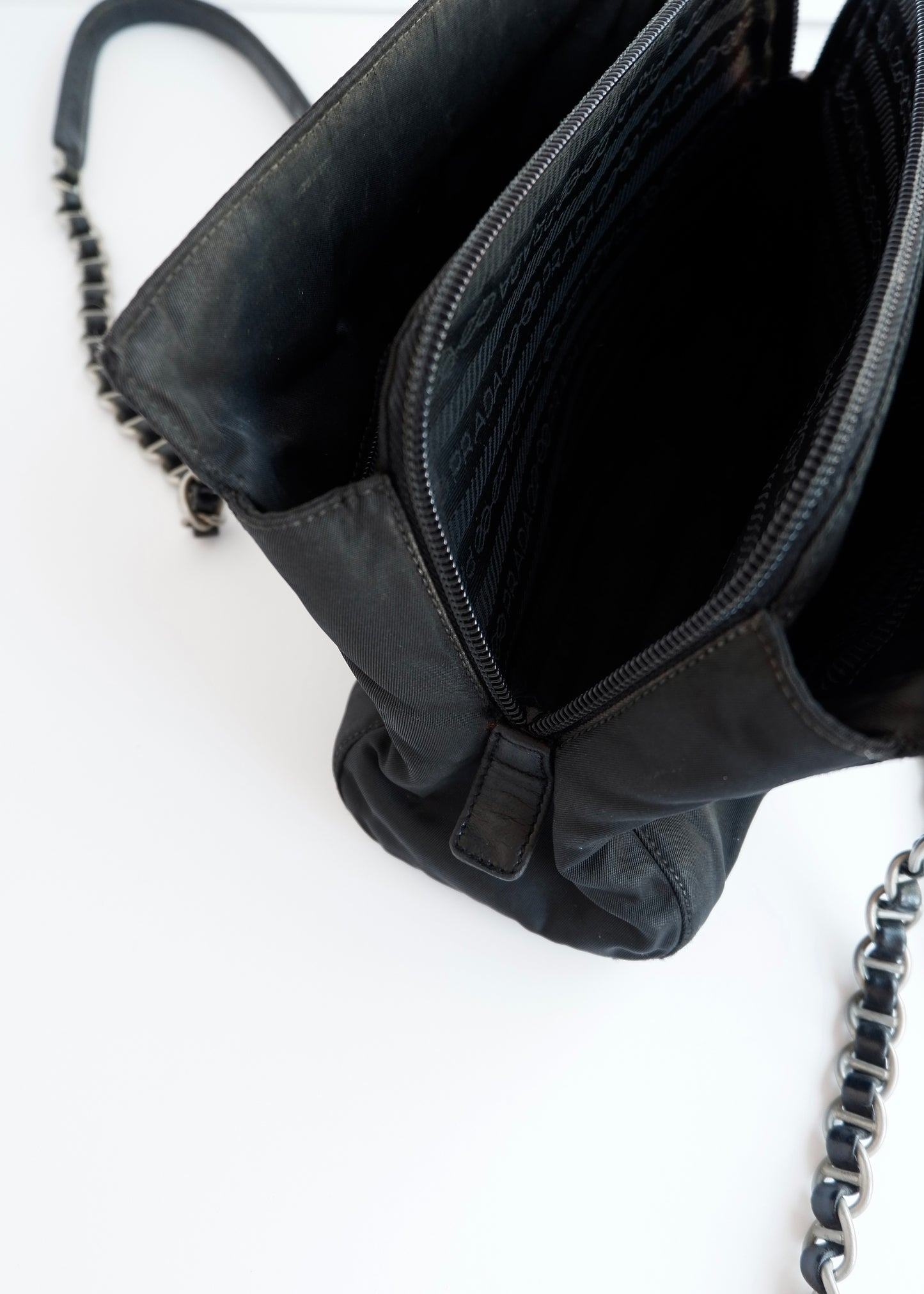 Authentic Preowned Prada Black Nylon/ Leather Metal Chain Shoulder Bag