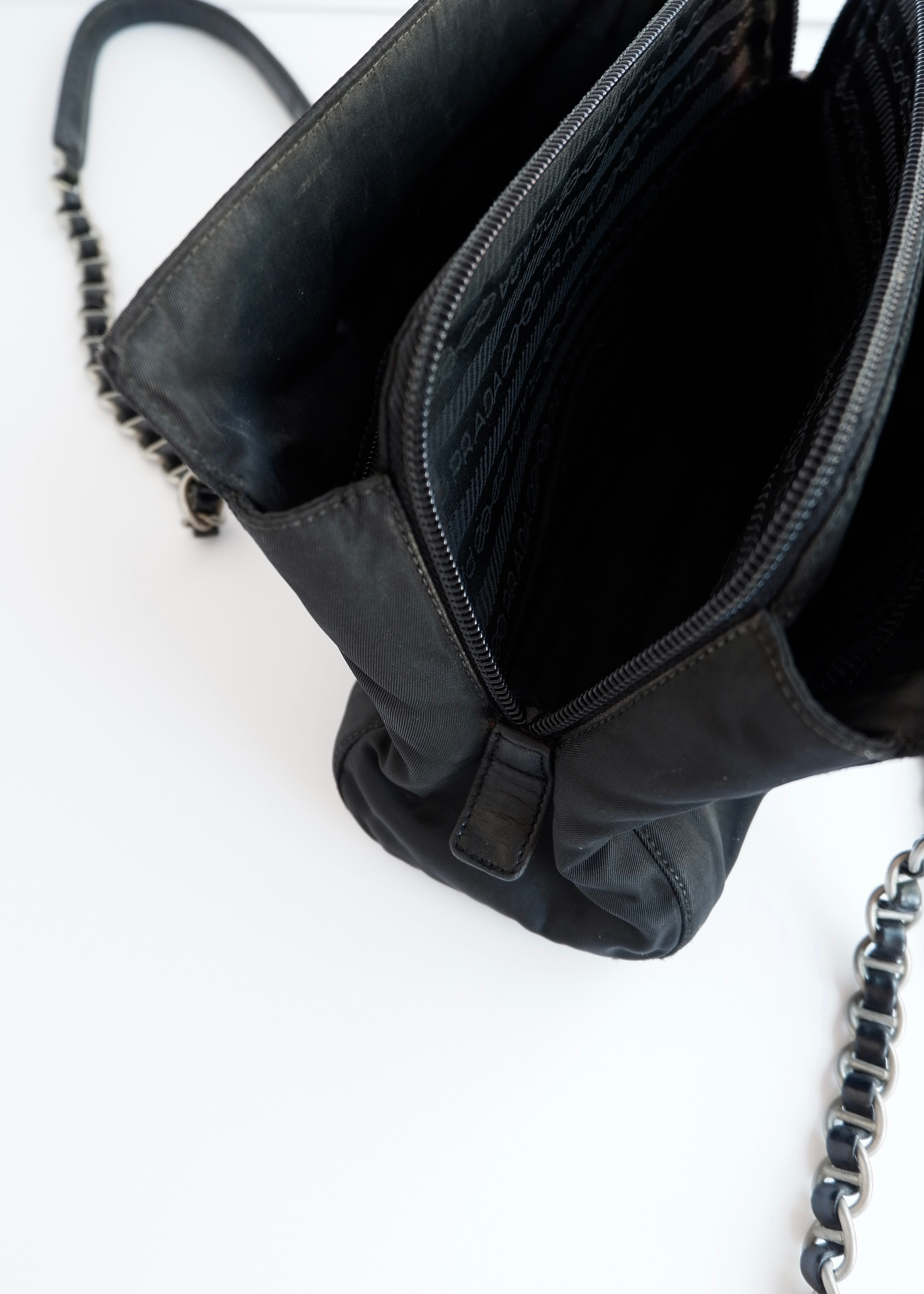 Authentic Preowned Prada Black Nylon/ Leather Metal Chain Shoulder Bag