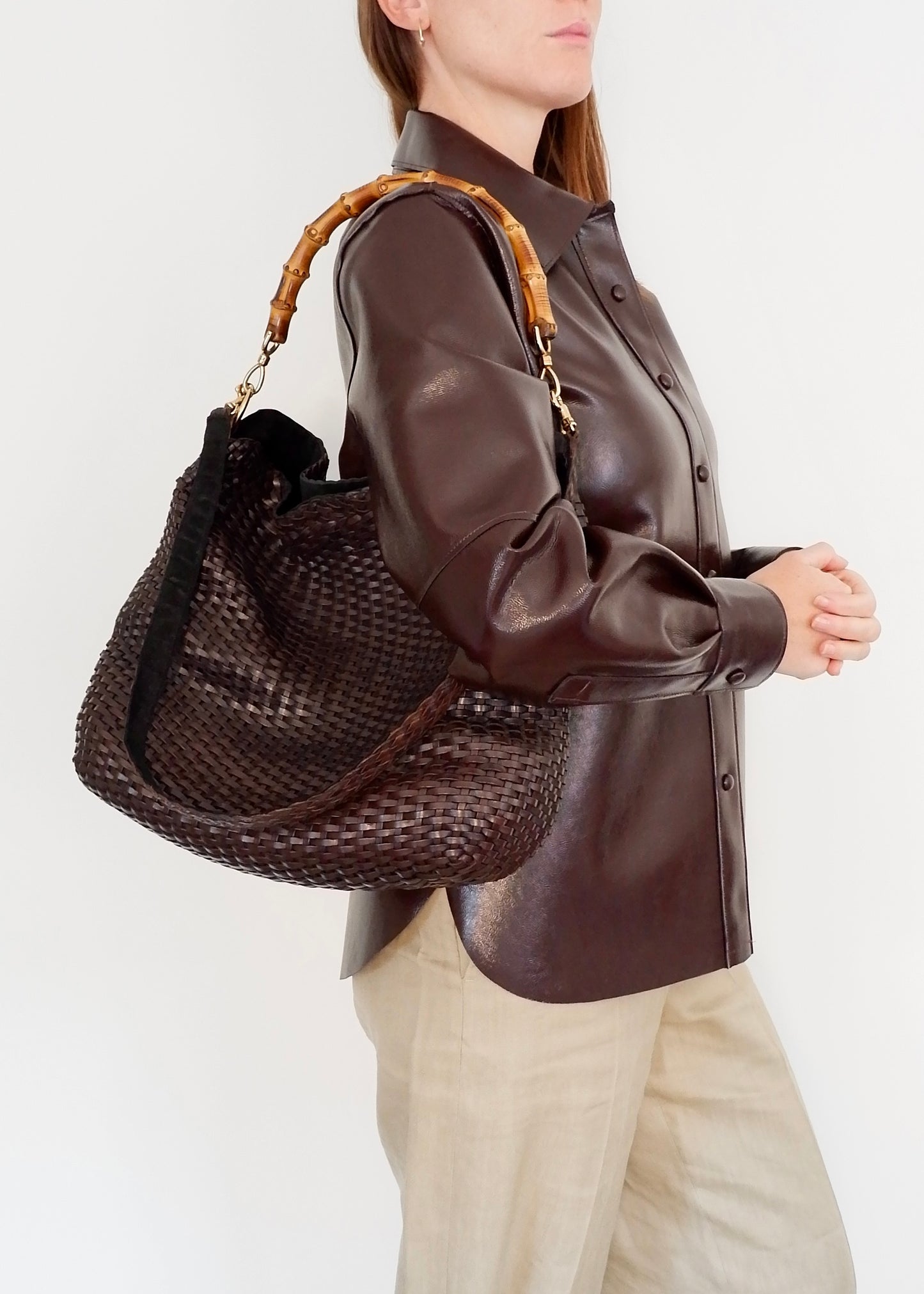 Authentic Preowned Gucci Brown Woven Leather Bamboo Hobo Shoulder Bag