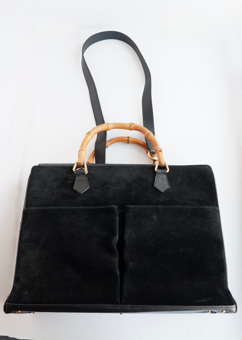 Authentic Preowned Vintage Gucci Black Suede/Leather Bamboo Two Way Tote