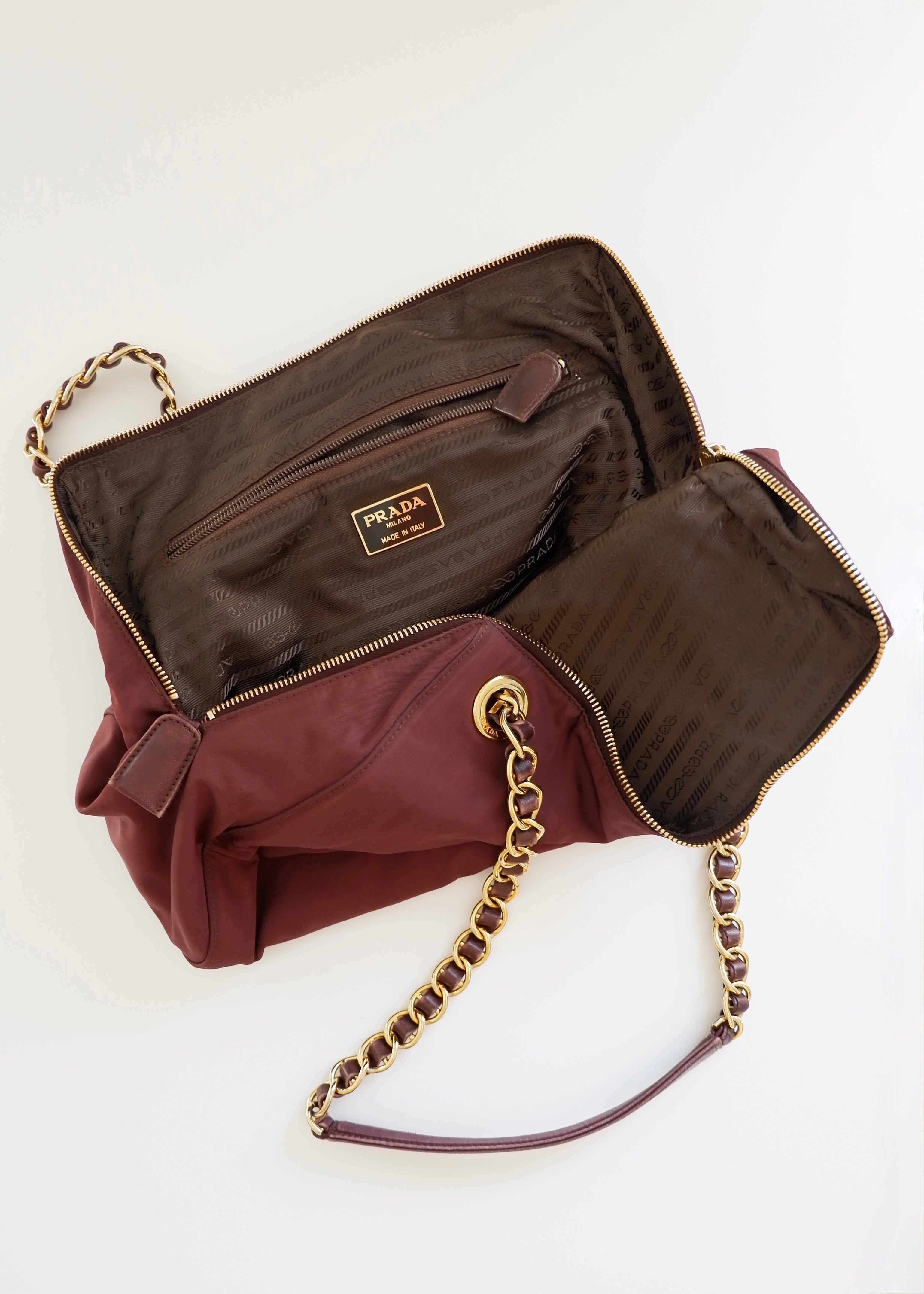 Preowned Prada Burgundy Nylon Chain Shoulder Tote