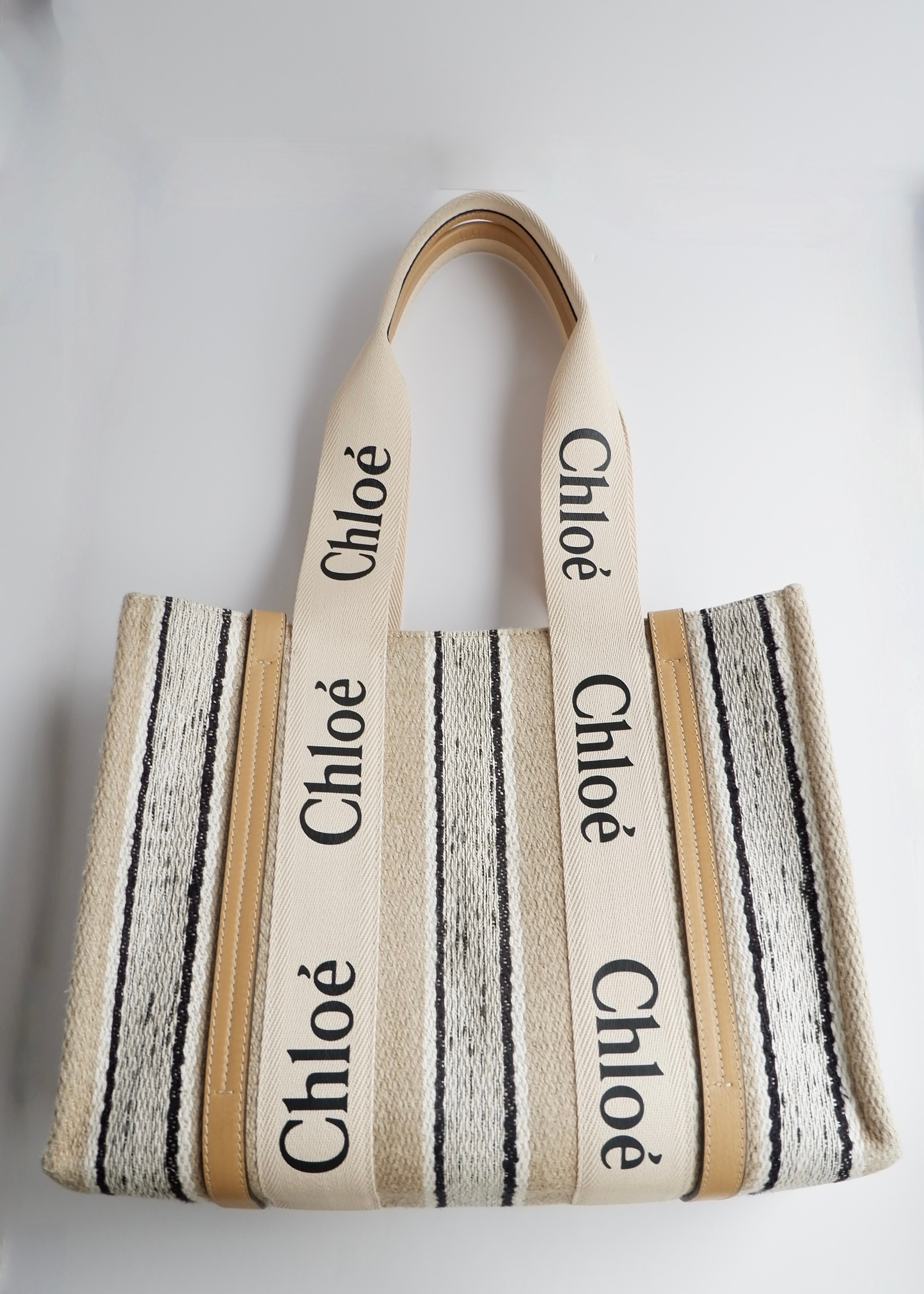 Authentic Preowned Chloe Beige/Black Striped Canvas Medium Woody Tote Bag