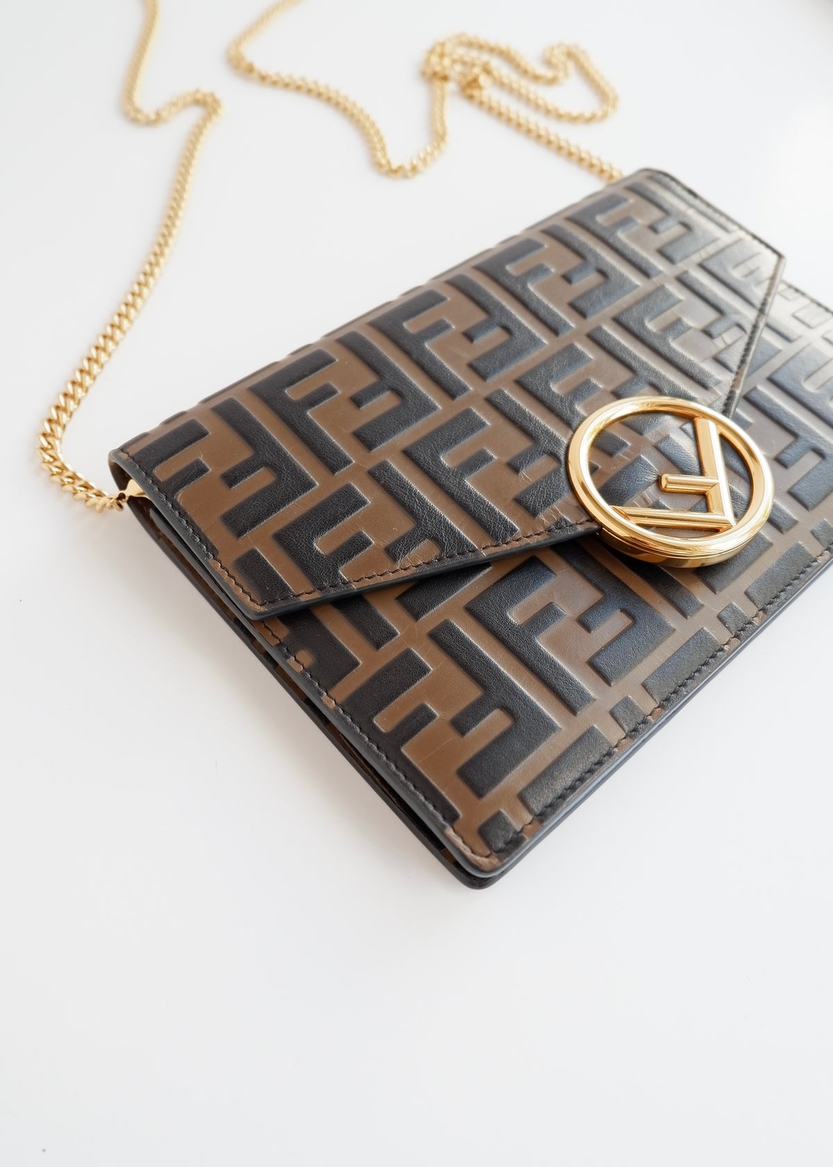 Preowned Fendi Brown Zucca Embossed Leather Wallet on Chain
