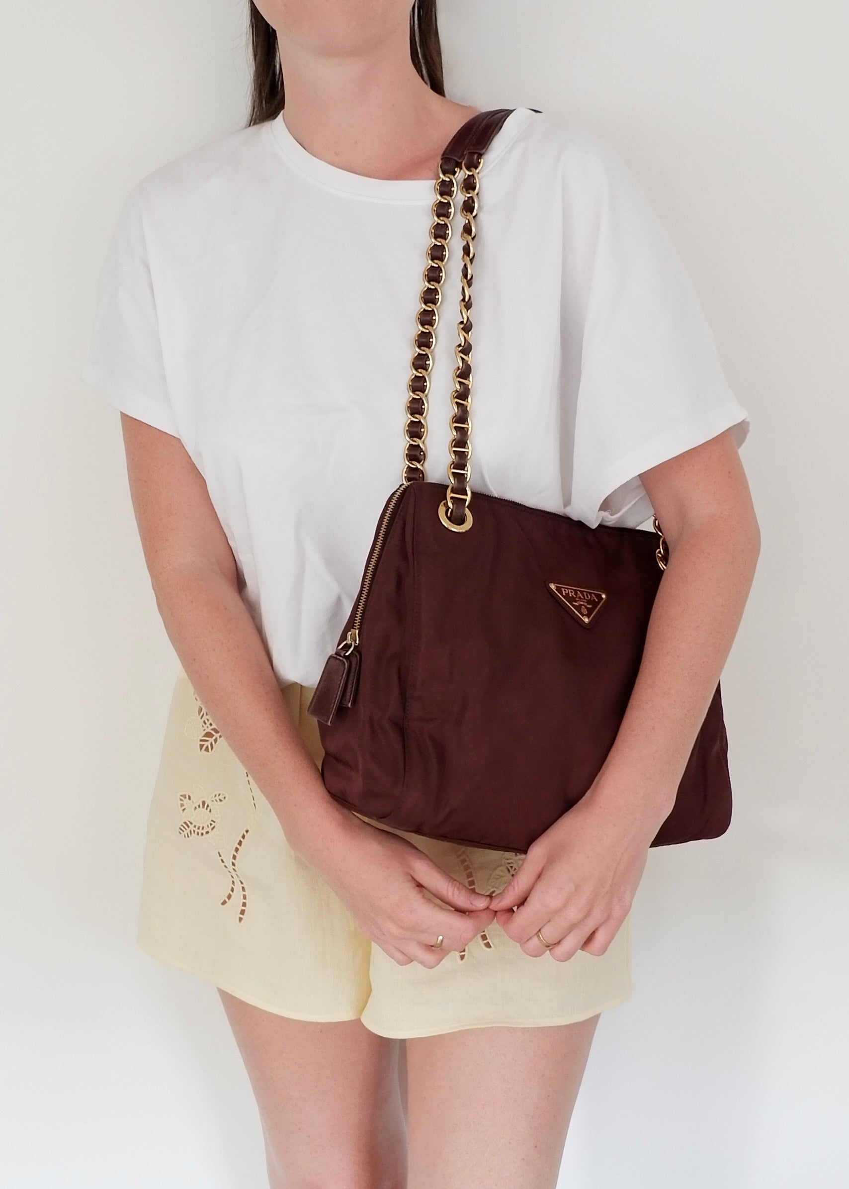 Preowned Prada Burgundy Nylon Chain Shoulder Tote