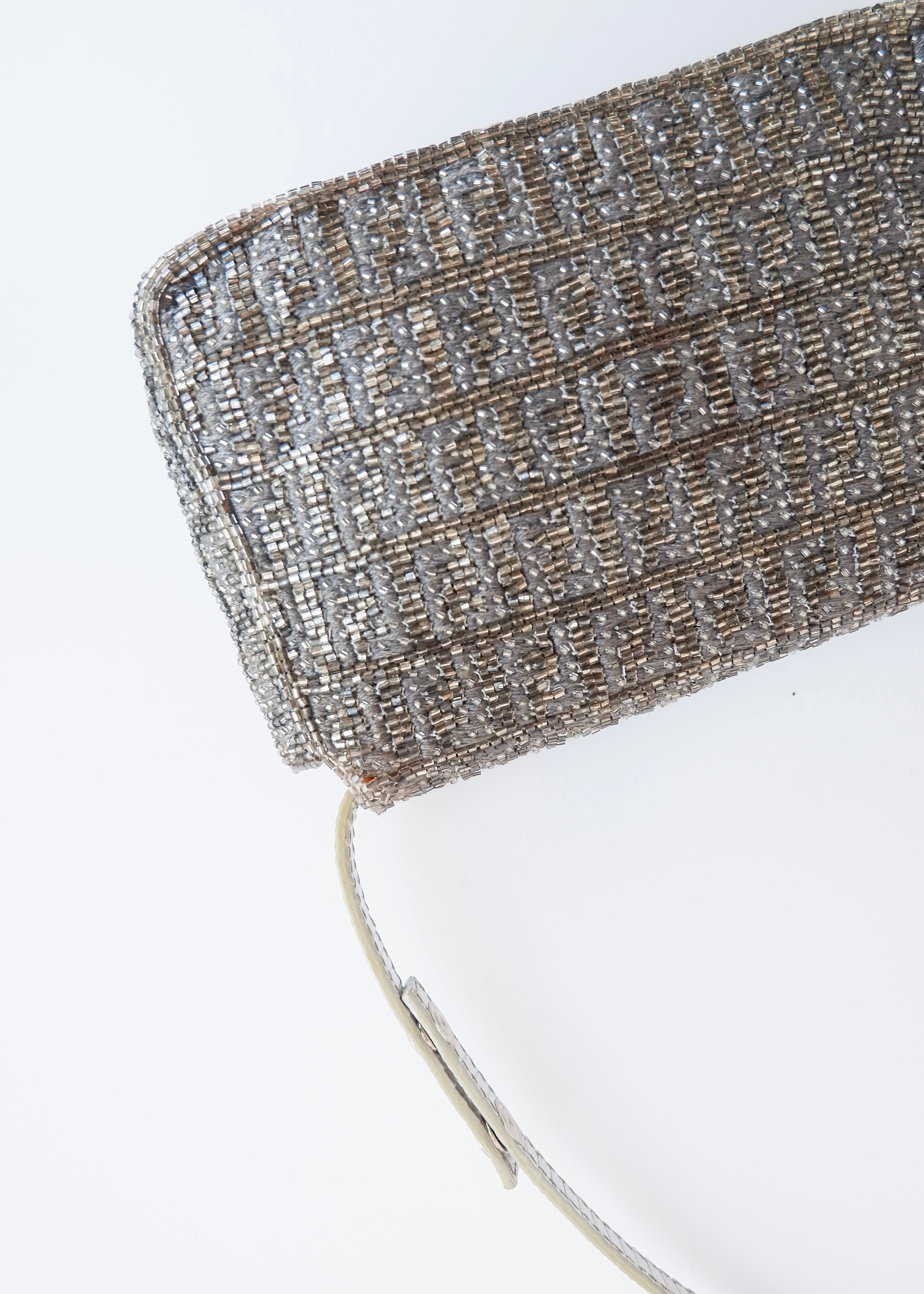 Authentic Preowned Vintage Fendi Silver FF Zucchino Beaded Small Baguette Shoulder Bag