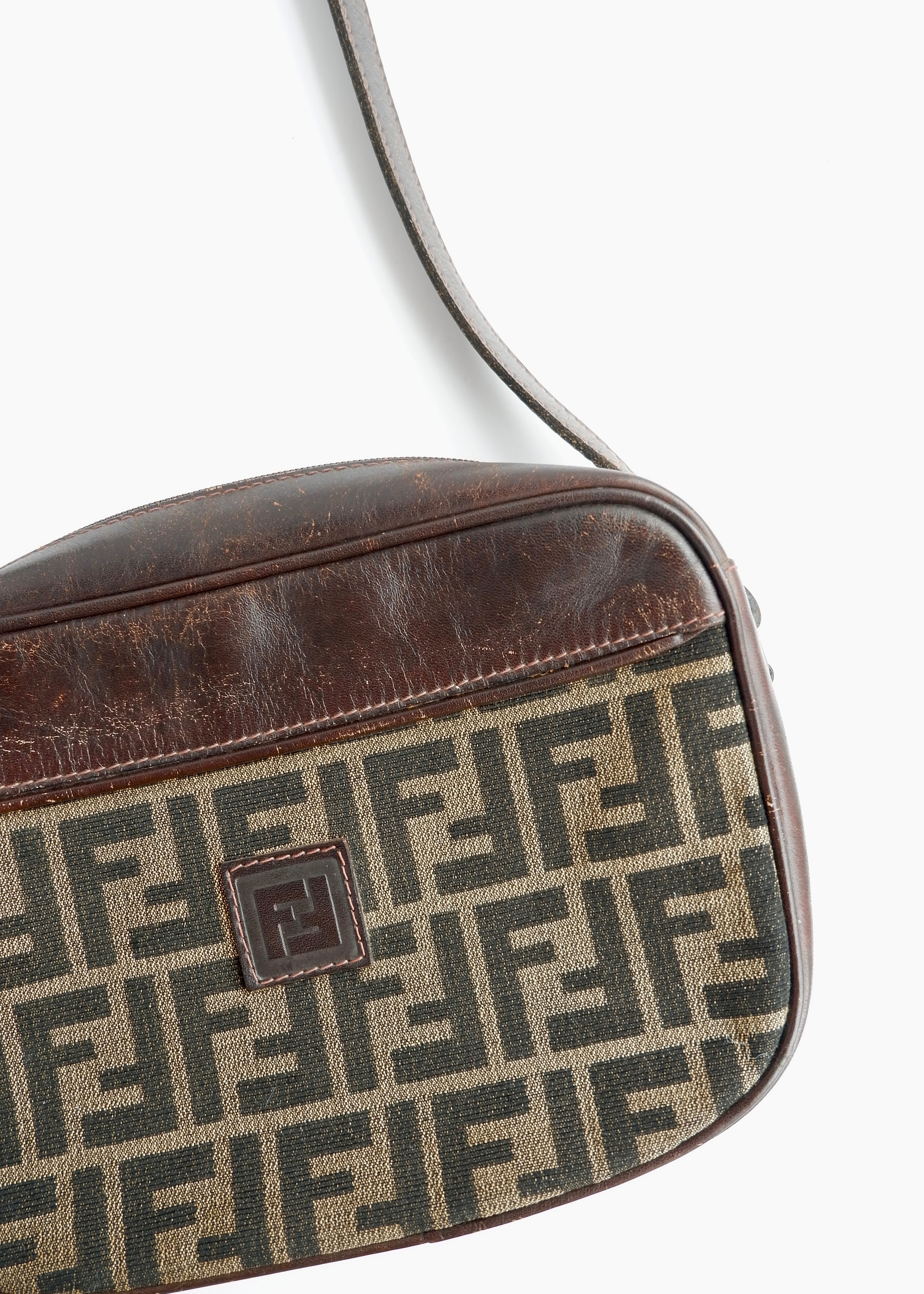 Authentic Preowned Vintage Fendi Brown Zucca Leather/ Canvas Crossbody Bag