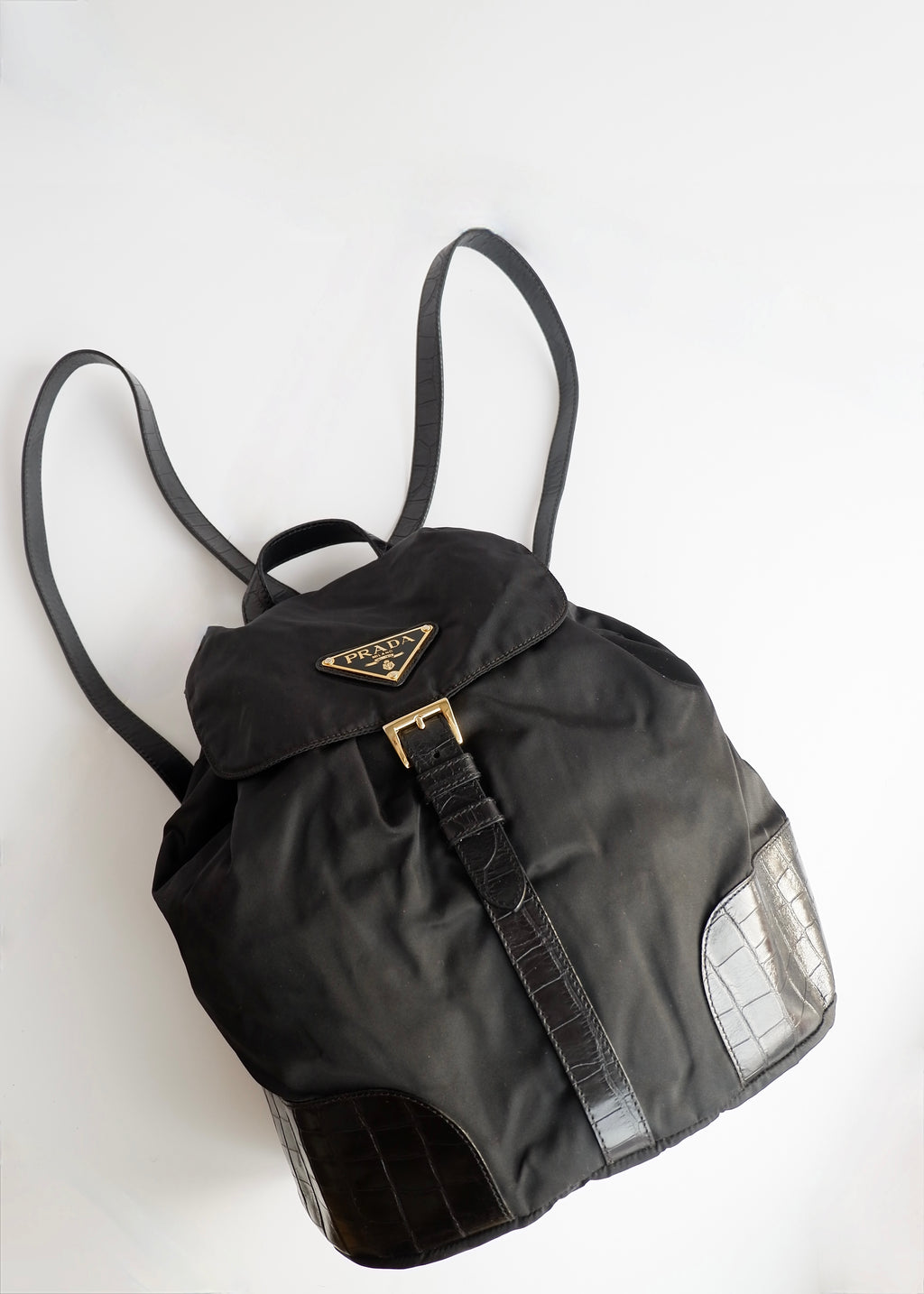 Sac à dos Prada authentique d'occasion en nylon et cuir noir